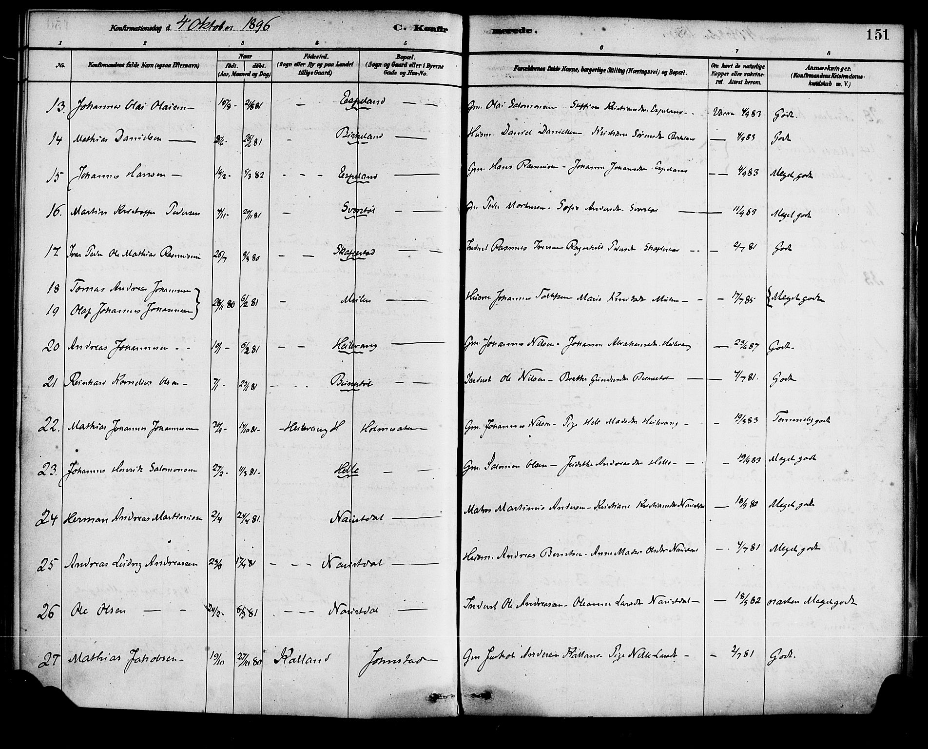 Førde sokneprestembete, AV/SAB-A-79901/H/Haa/Haad/L0001: Parish register (official) no. D 1, 1881-1898, p. 151