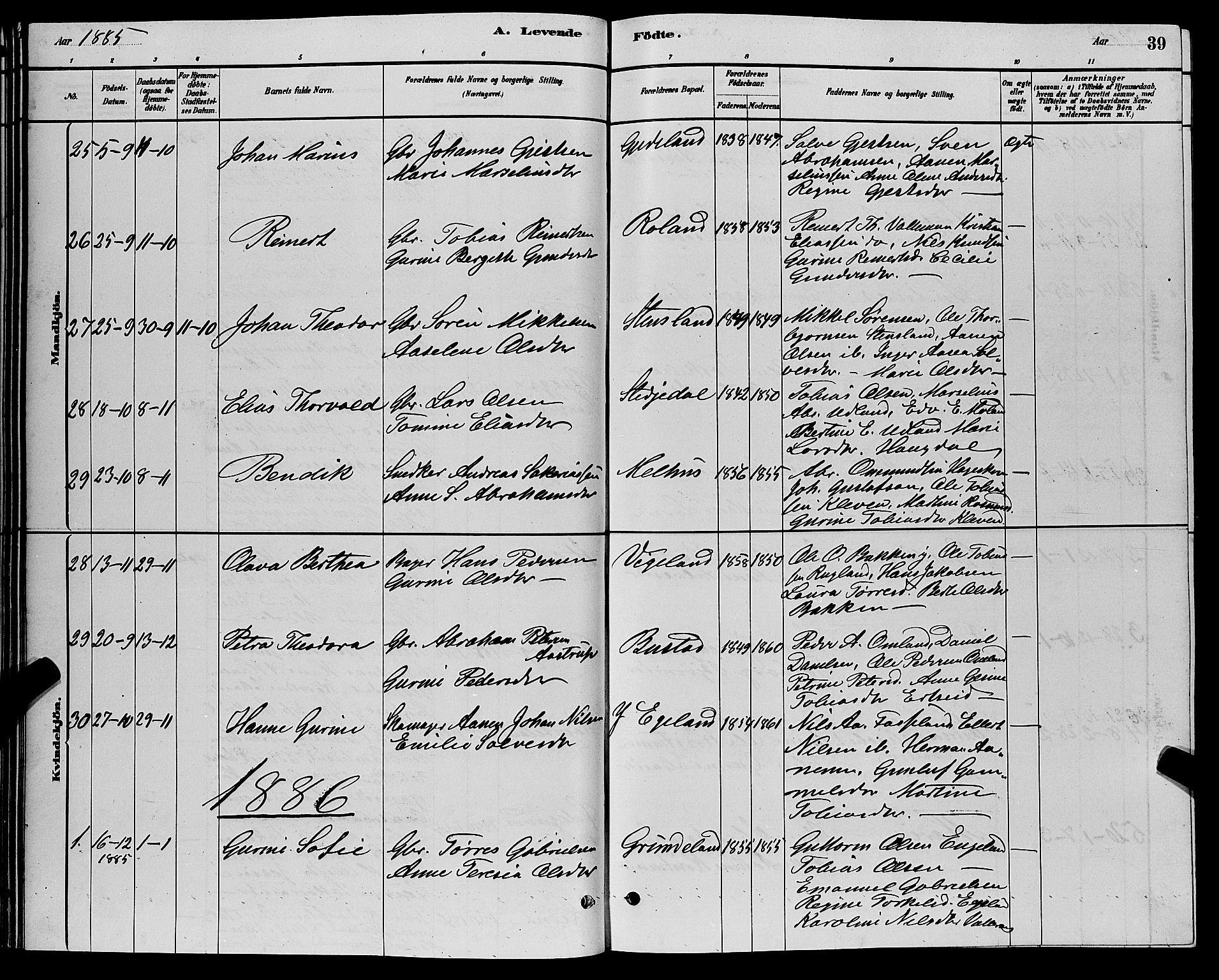 Sør-Audnedal sokneprestkontor, SAK/1111-0039/F/Fb/Fbb/L0005: Parish register (copy) no. B 5, 1880-1892, p. 39