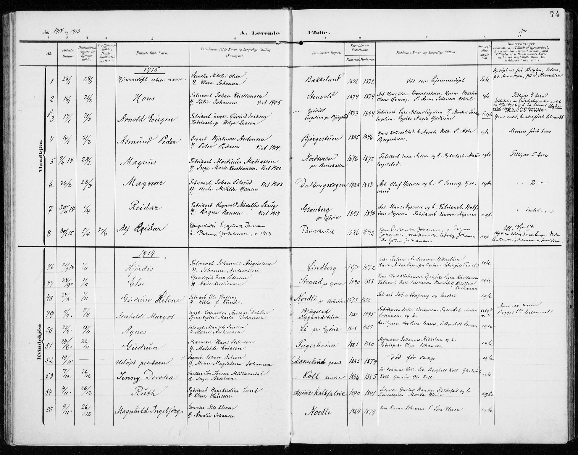Vardal prestekontor, SAH/PREST-100/H/Ha/Haa/L0016: Parish register (official) no. 16, 1904-1916, p. 74