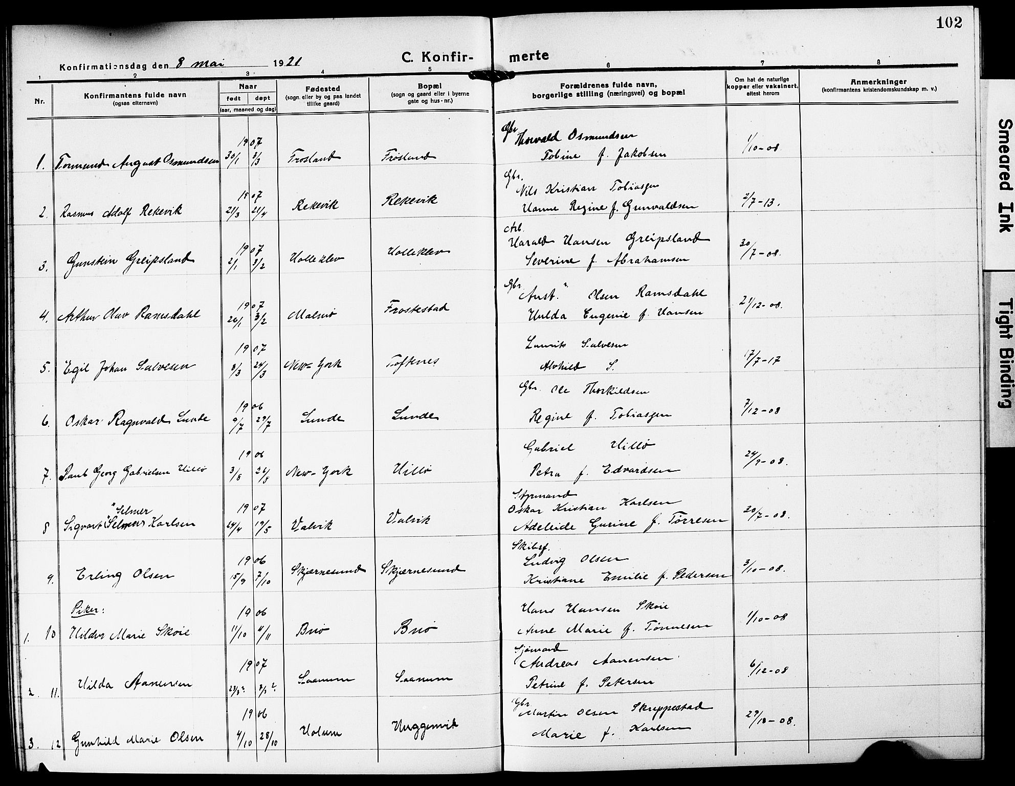 Mandal sokneprestkontor, SAK/1111-0030/F/Fb/Fba/L0013: Parish register (copy) no. B 7, 1918-1931, p. 102