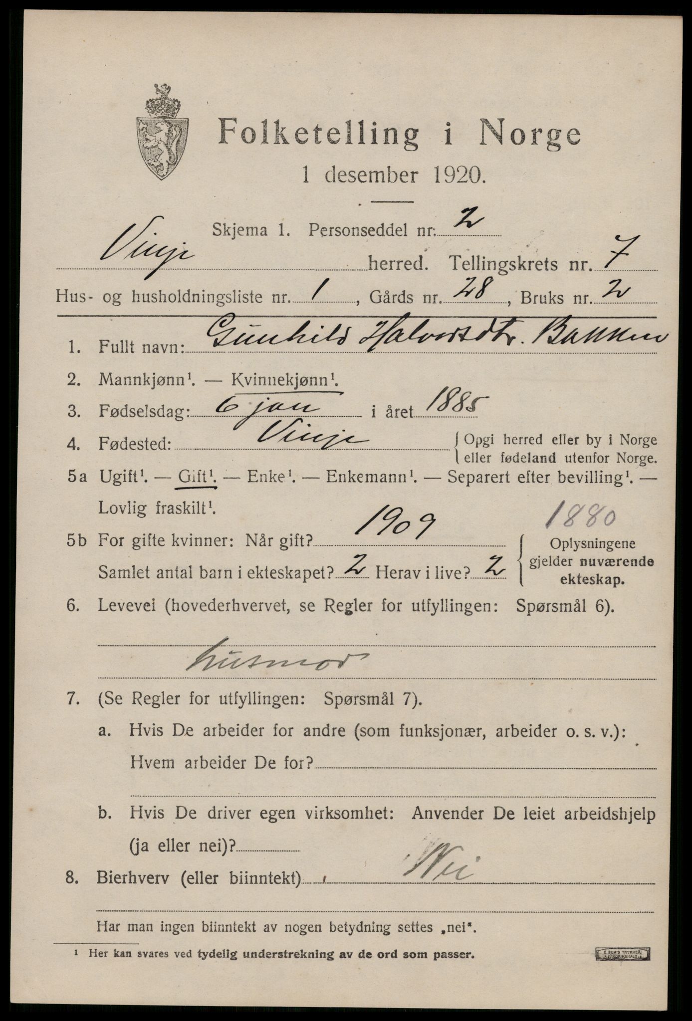 SAKO, 1920 census for Vinje, 1920, p. 1977