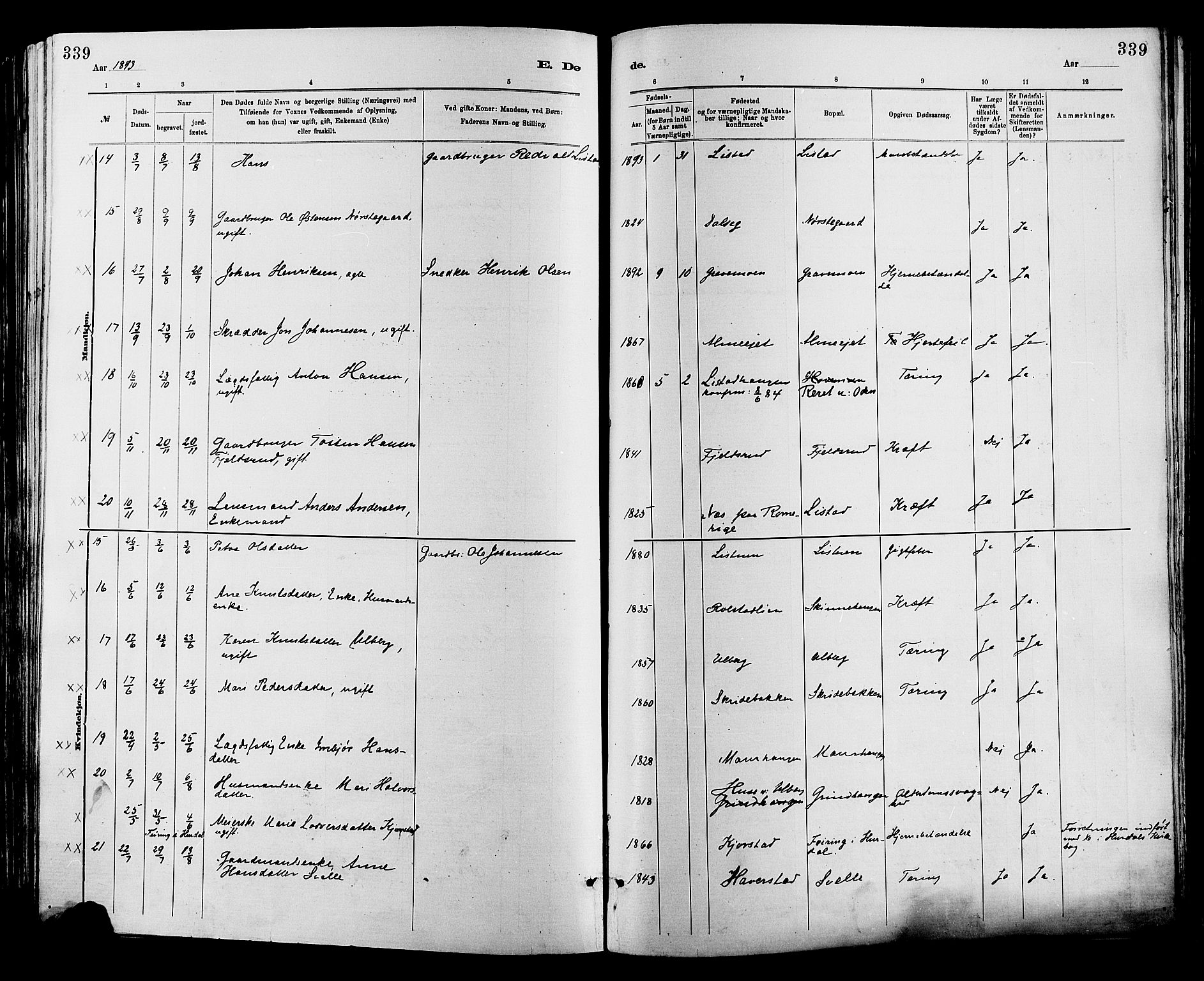 Sør-Fron prestekontor, SAH/PREST-010/H/Ha/Haa/L0003: Parish register (official) no. 3, 1881-1897, p. 339