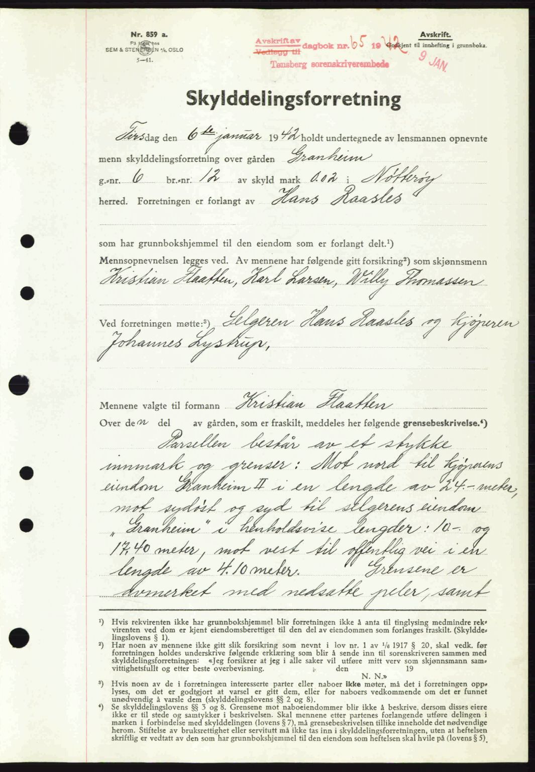 Tønsberg sorenskriveri, AV/SAKO-A-130/G/Ga/Gaa/L0011: Mortgage book no. A11, 1941-1942, Diary no: : 65/1942