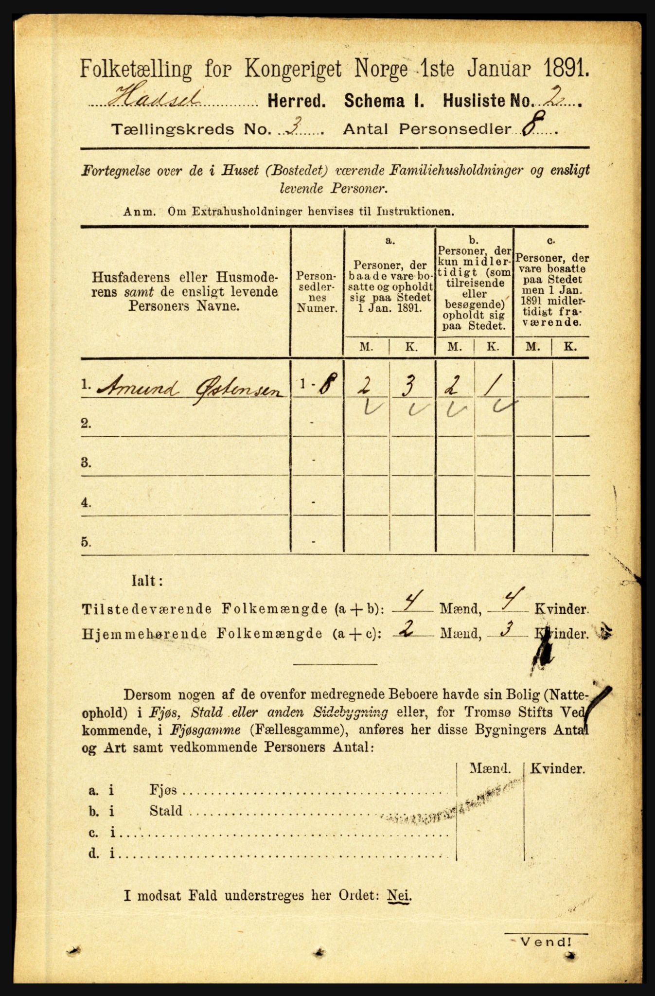 RA, 1891 census for 1866 Hadsel, 1891, p. 1000