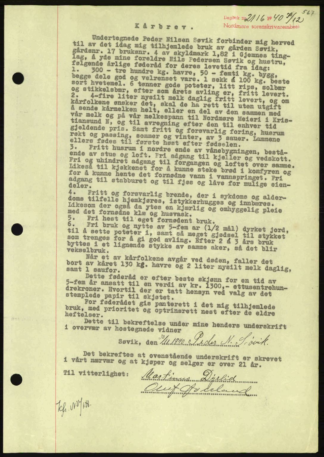 Nordmøre sorenskriveri, AV/SAT-A-4132/1/2/2Ca: Mortgage book no. B87, 1940-1941, Diary no: : 2116/1940