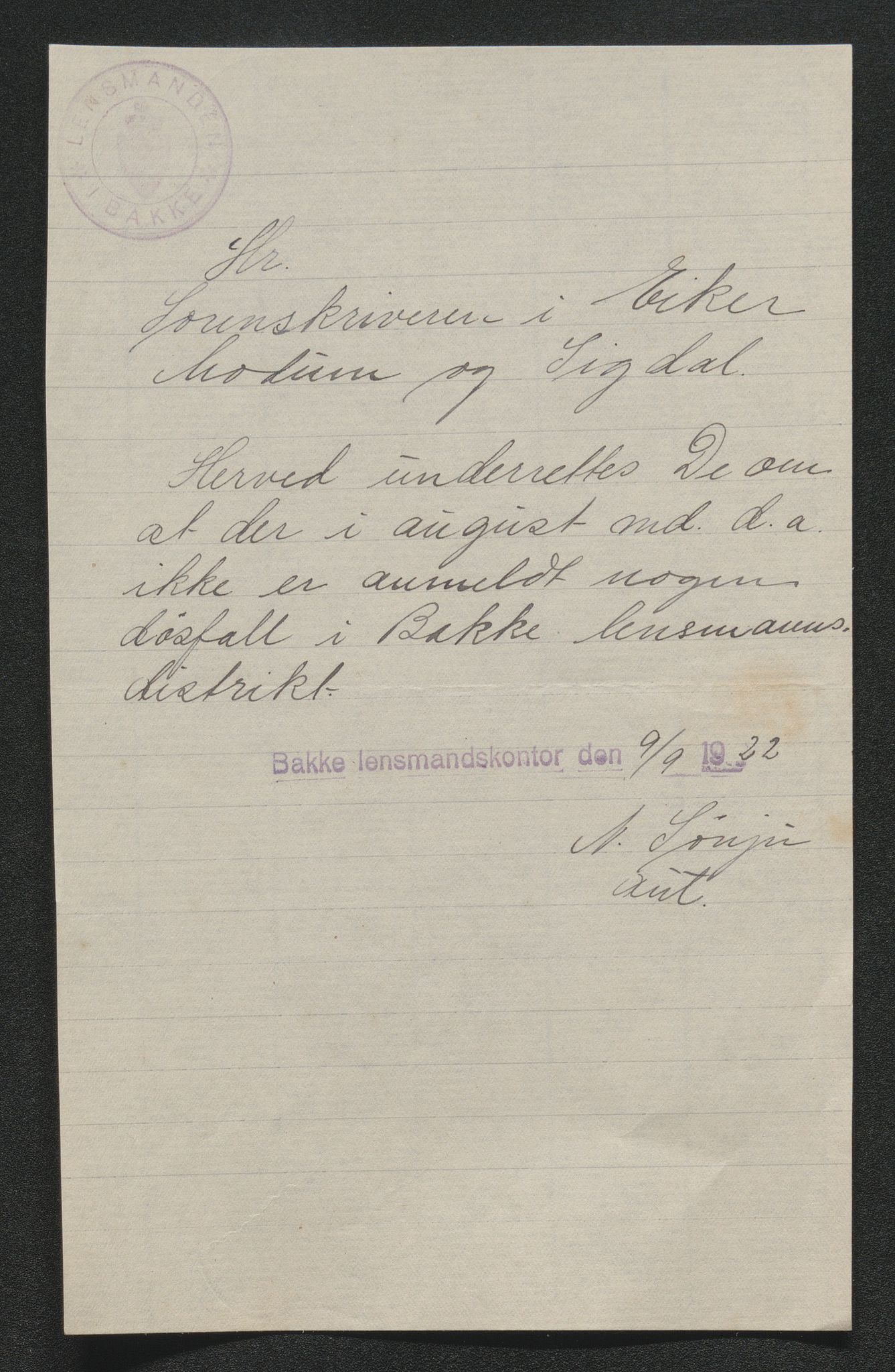 Eiker, Modum og Sigdal sorenskriveri, SAKO/A-123/H/Ha/Hab/L0041: Dødsfallsmeldinger, 1922-1923, p. 370