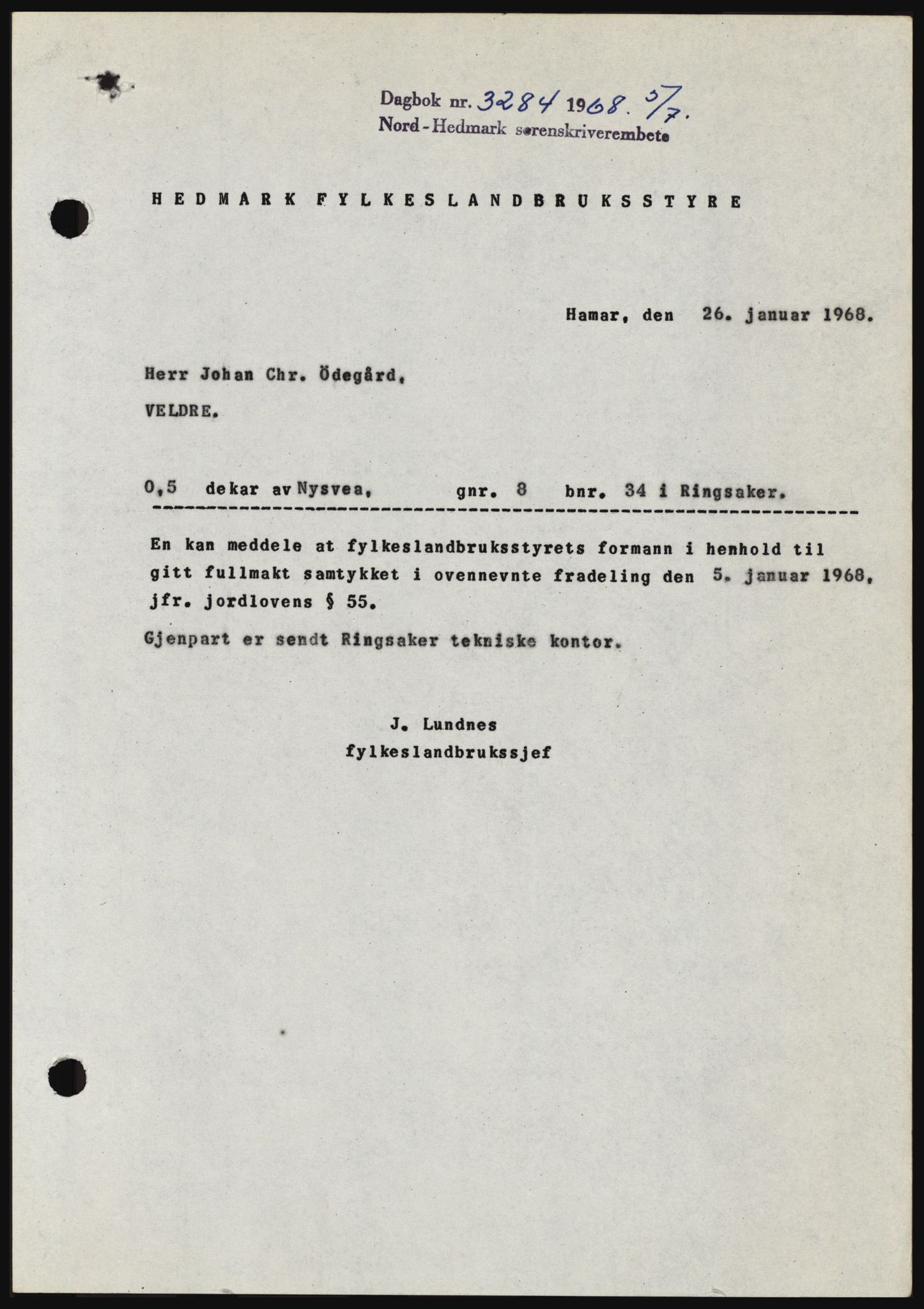 Nord-Hedmark sorenskriveri, SAH/TING-012/H/Hc/L0028: Mortgage book no. 28, 1968-1968, Diary no: : 3284/1968