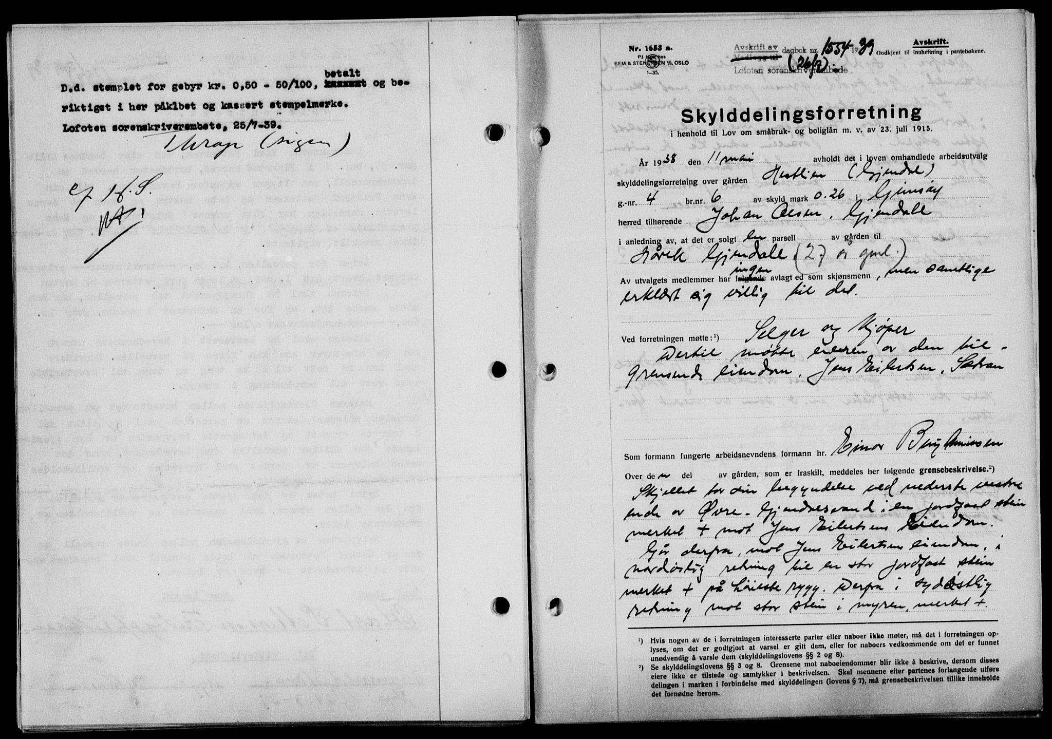Lofoten sorenskriveri, SAT/A-0017/1/2/2C/L0006a: Mortgage book no. 6a, 1939-1939, Diary no: : 1554/1939