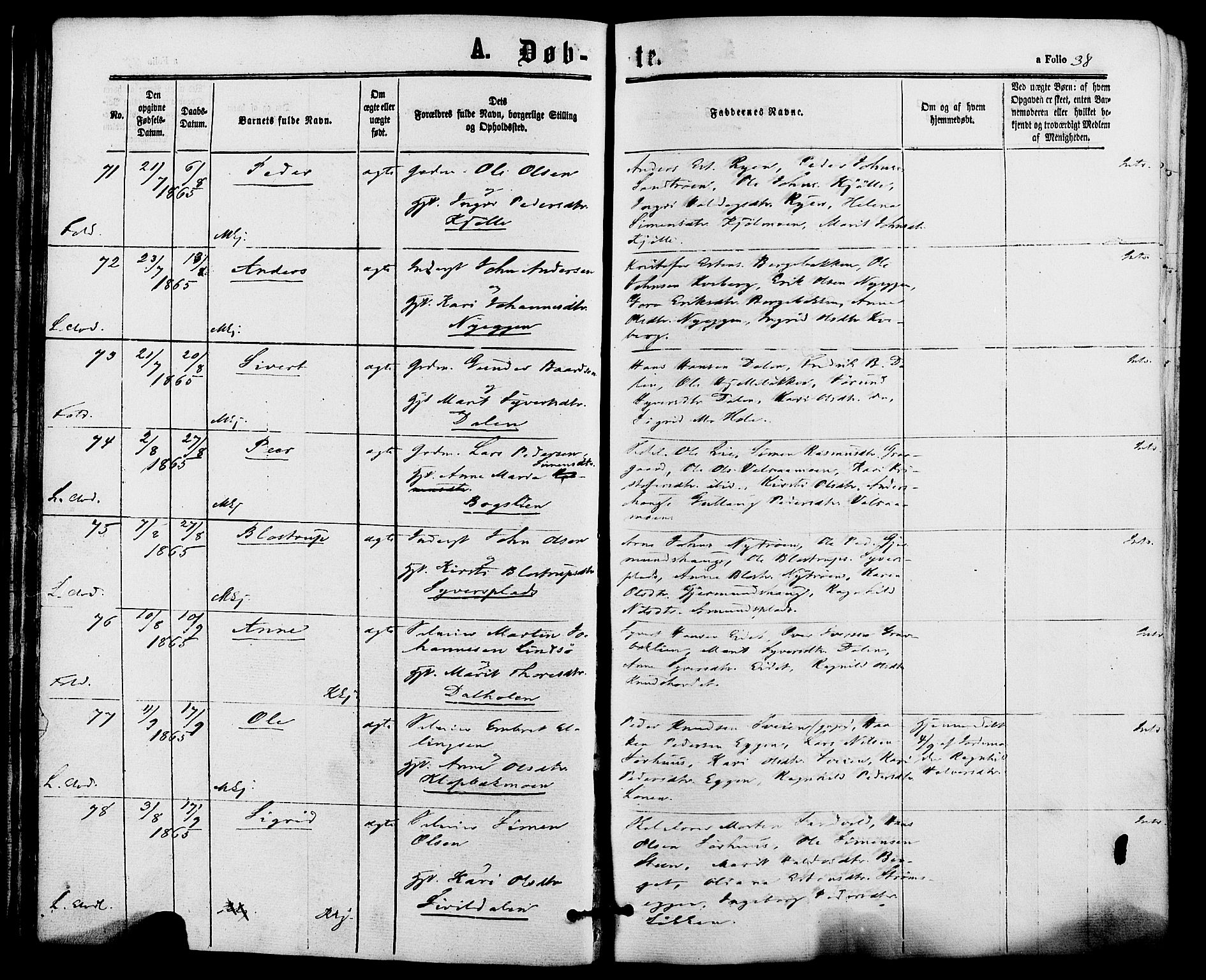 Alvdal prestekontor, SAH/PREST-060/H/Ha/Haa/L0001: Parish register (official) no. 1, 1863-1882, p. 38