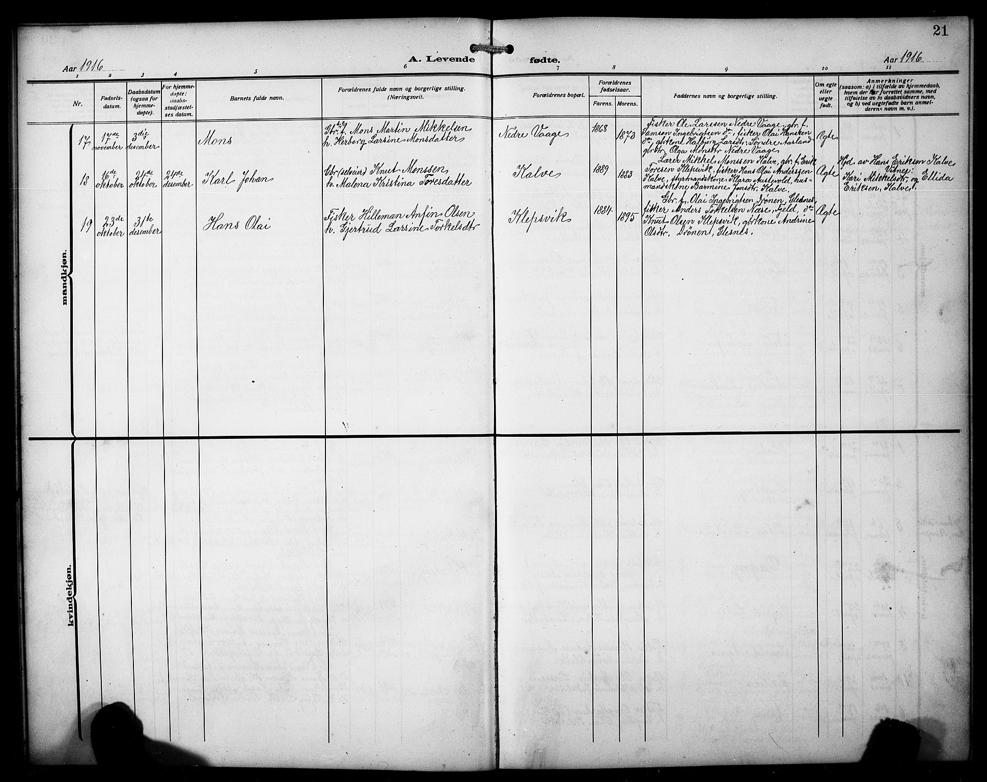 Austevoll sokneprestembete, AV/SAB-A-74201/H/Ha/Hab/Habb/L0006: Parish register (copy) no. B 6, 1911-1925, p. 21