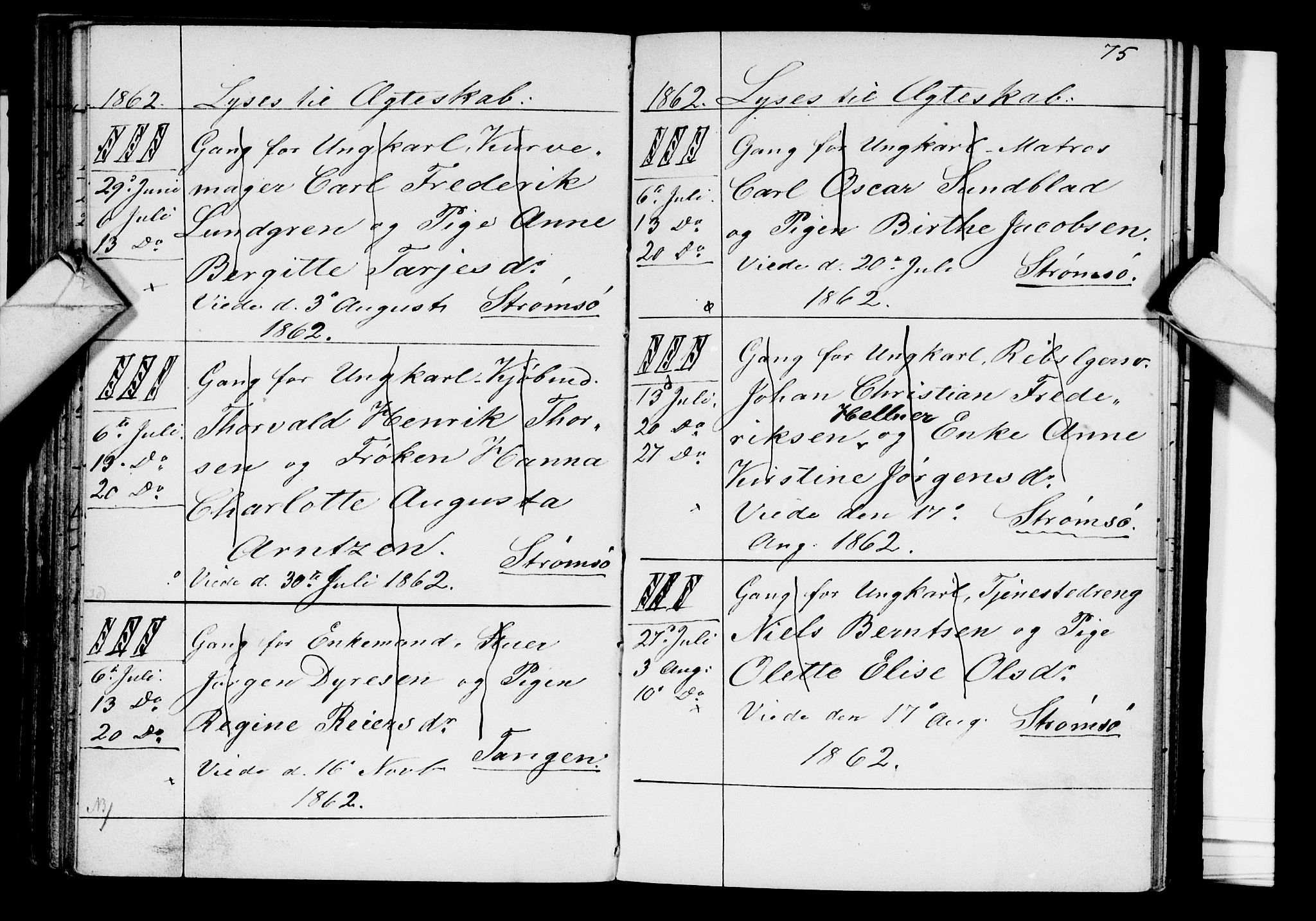 Strømsø kirkebøker, SAKO/A-246/H/Ha/L0002: Banns register no. 2, 1850-1866, p. 75