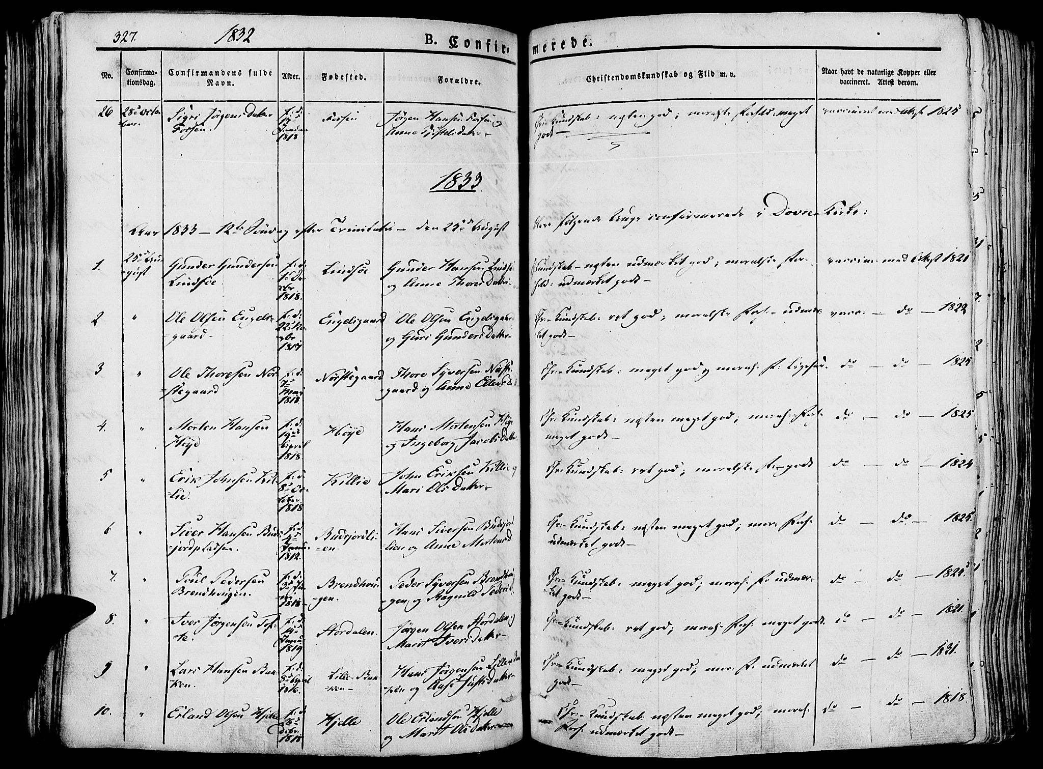 Lesja prestekontor, SAH/PREST-068/H/Ha/Haa/L0005: Parish register (official) no. 5, 1830-1842, p. 327