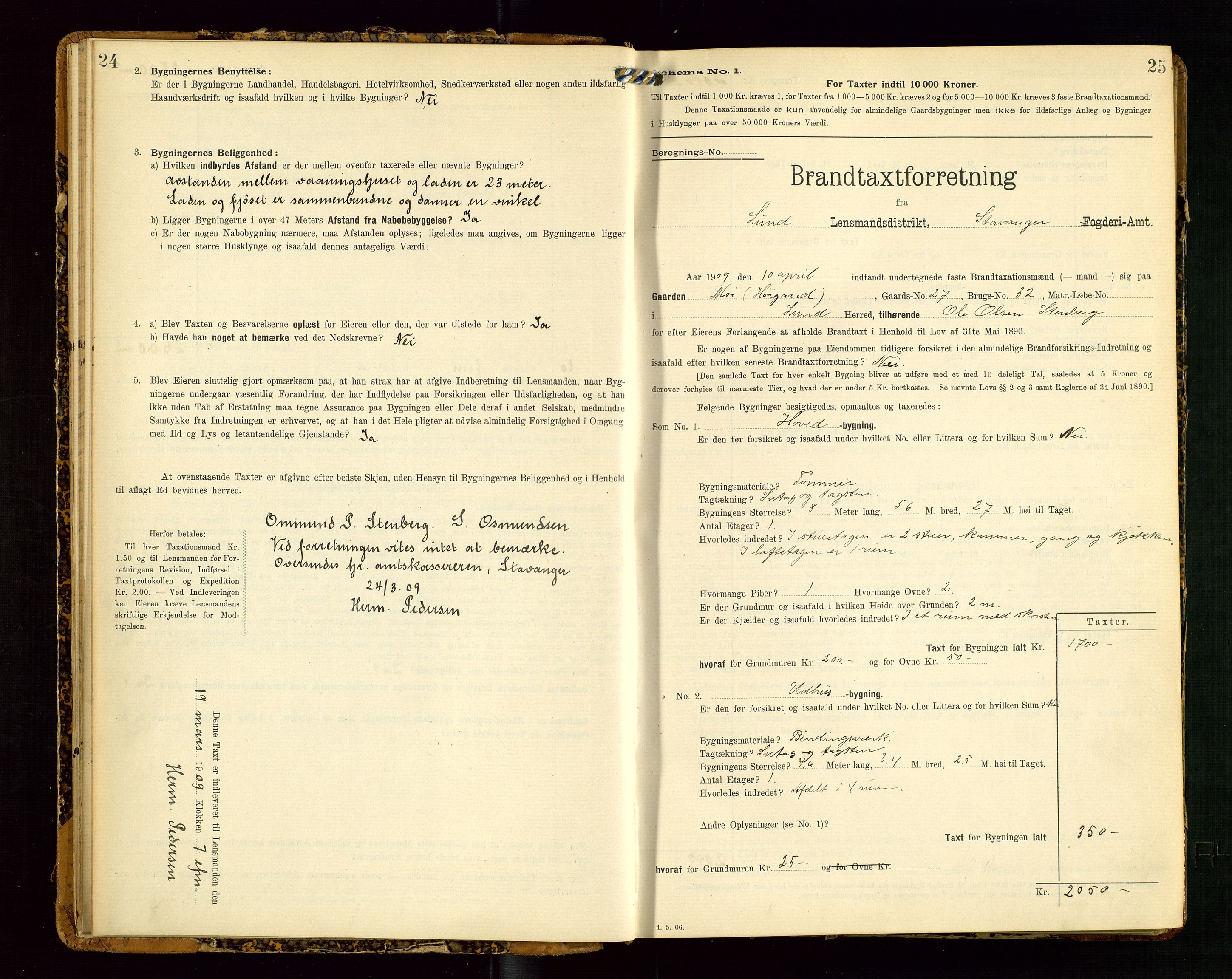 Lund lensmannskontor, AV/SAST-A-100303/Gob/L0002: "Brandtakstprotokol", 1908-1918, p. 24-25