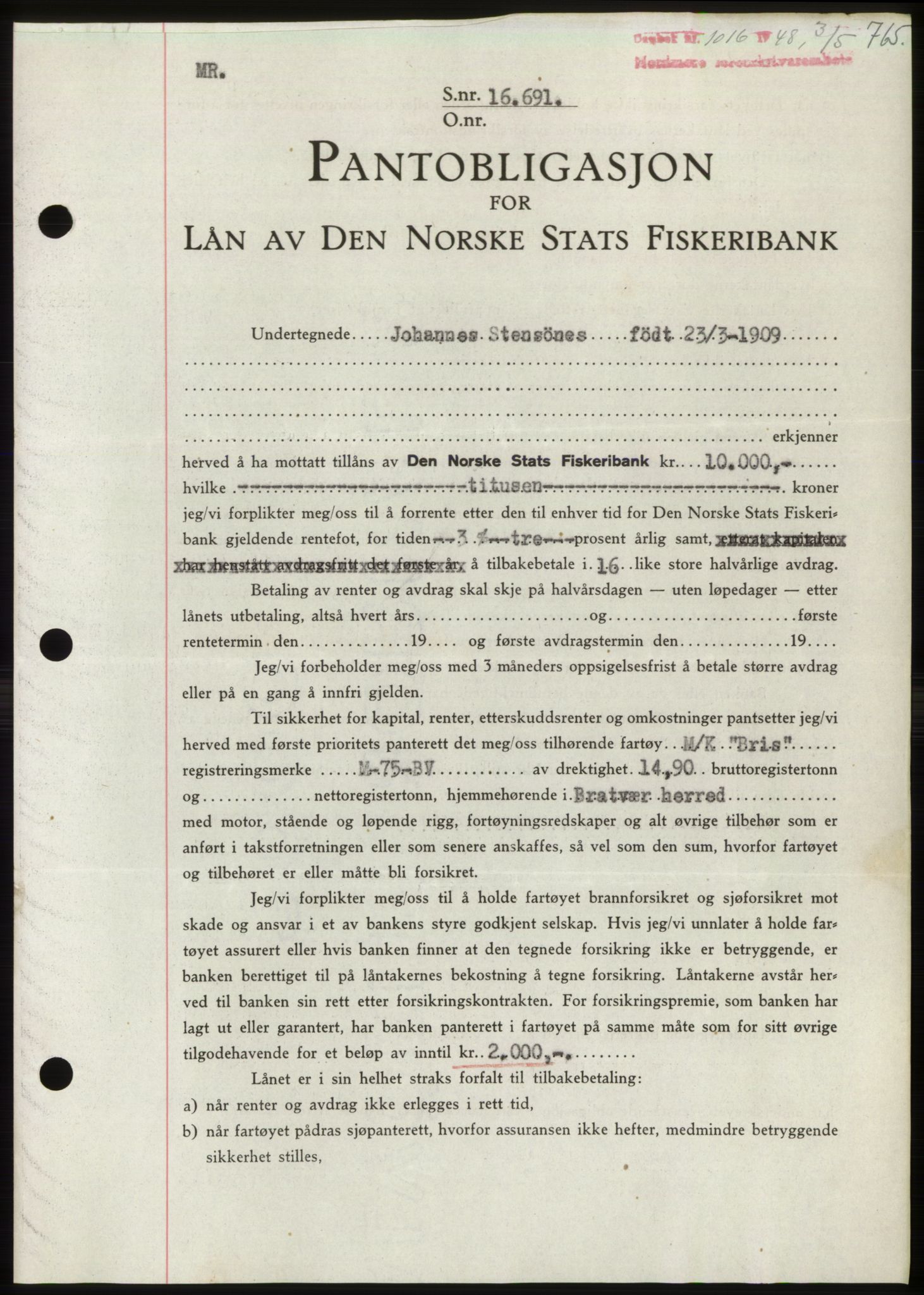 Nordmøre sorenskriveri, AV/SAT-A-4132/1/2/2Ca: Mortgage book no. B98, 1948-1948, Diary no: : 1016/1948