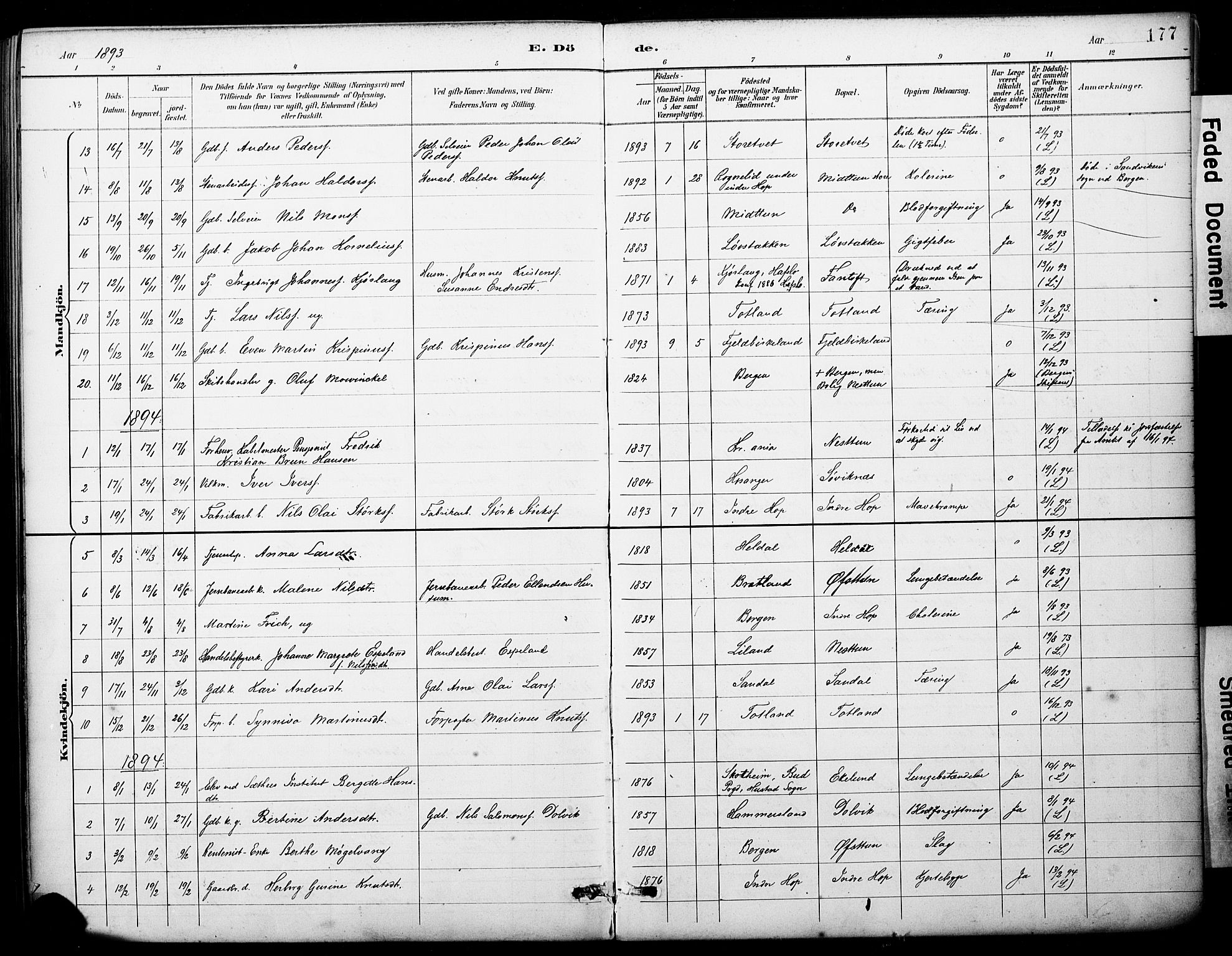 Fana Sokneprestembete, SAB/A-75101/H/Haa/Haai/L0002: Parish register (official) no. I 2, 1888-1899, p. 177