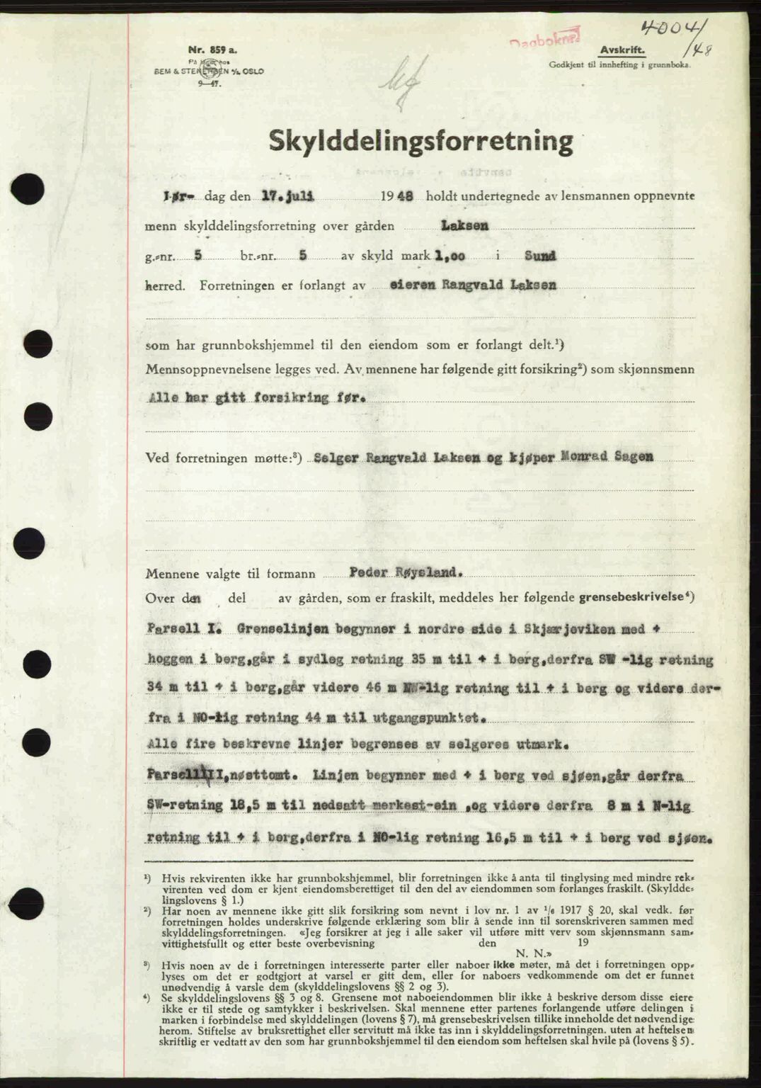 Midhordland sorenskriveri, SAB/A-3001/1/G/Gb/Gbh/L0029: Mortgage book no. A56-57, 1948-1948, Diary no: : 4004/1948