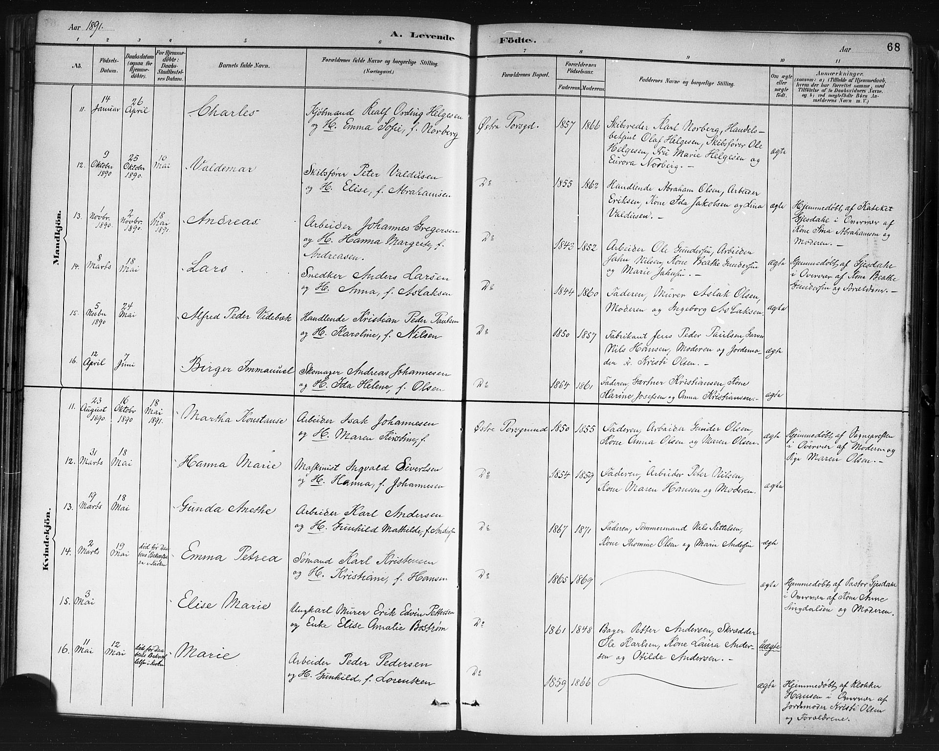 Porsgrunn kirkebøker , AV/SAKO-A-104/G/Gb/L0005: Parish register (copy) no. II 5, 1883-1915, p. 68