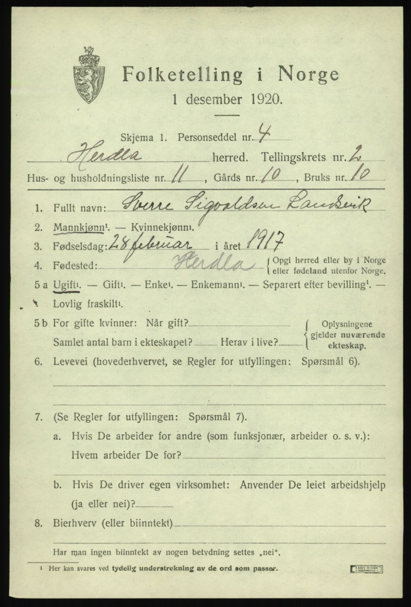 SAB, 1920 census for Herdla, 1920, p. 2593