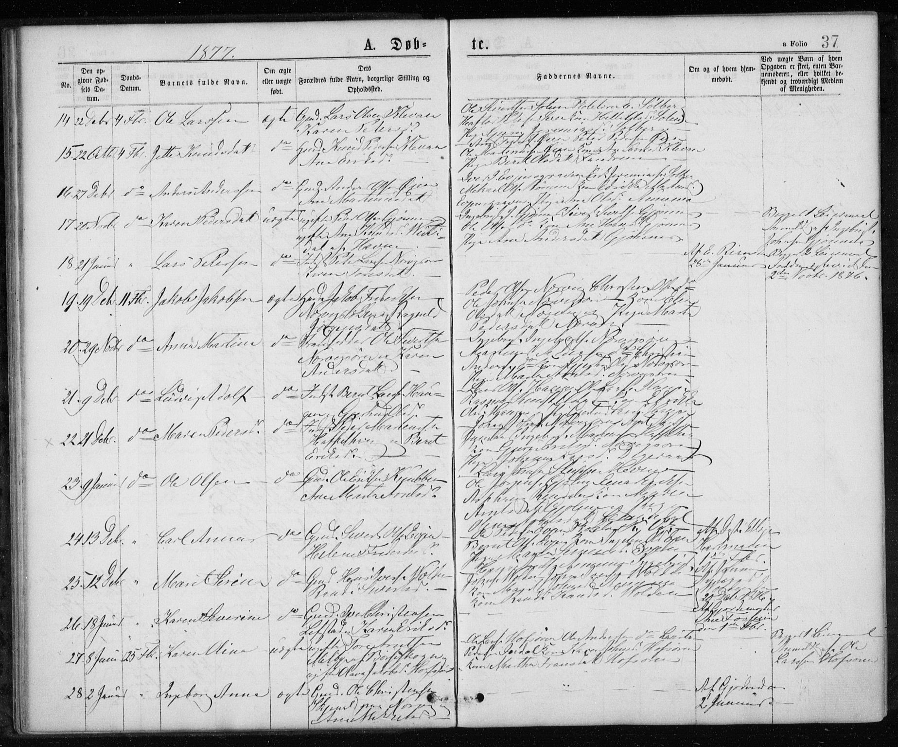 Ministerialprotokoller, klokkerbøker og fødselsregistre - Sør-Trøndelag, AV/SAT-A-1456/668/L0817: Parish register (copy) no. 668C06, 1873-1884, p. 37