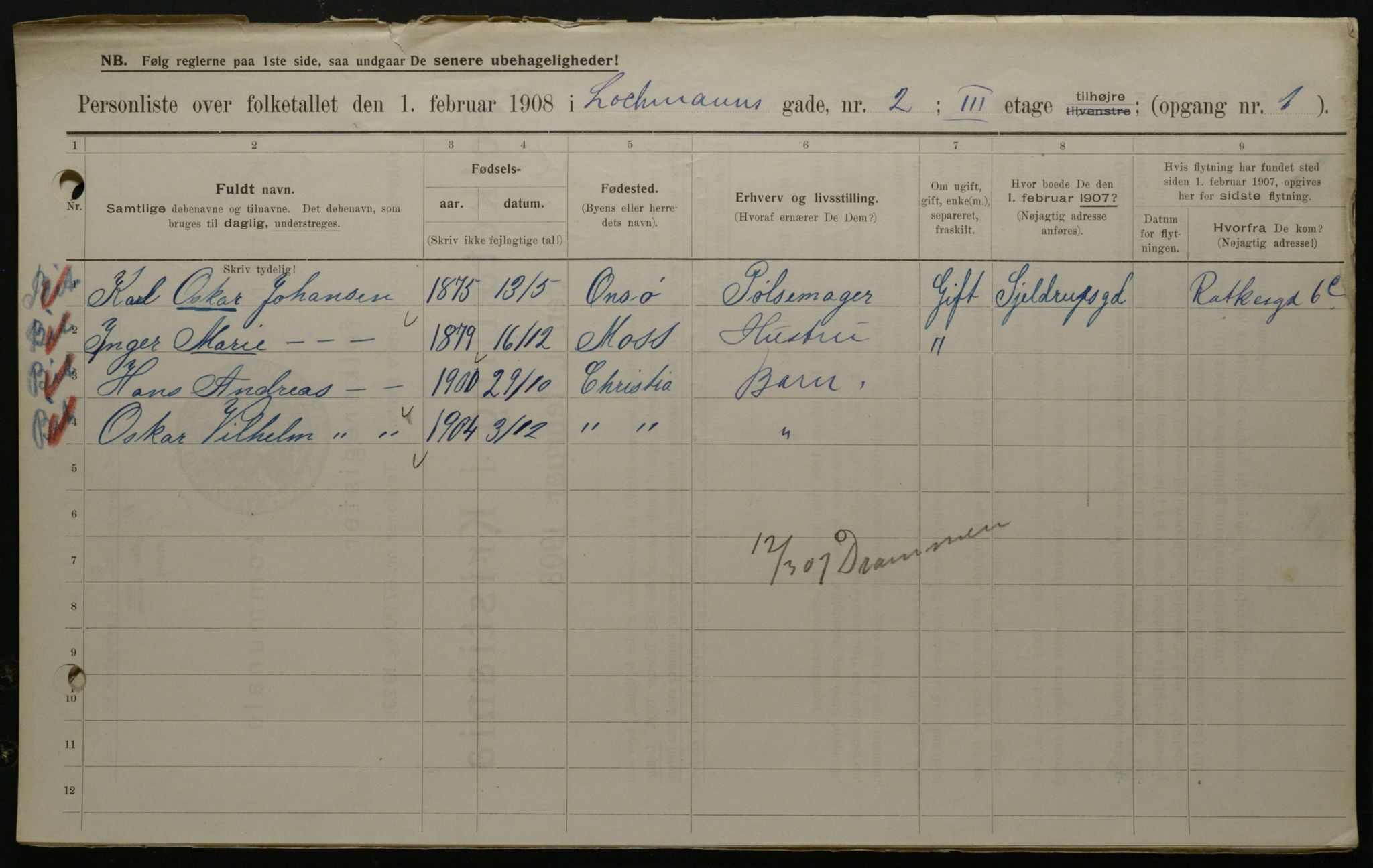 OBA, Municipal Census 1908 for Kristiania, 1908, p. 73442