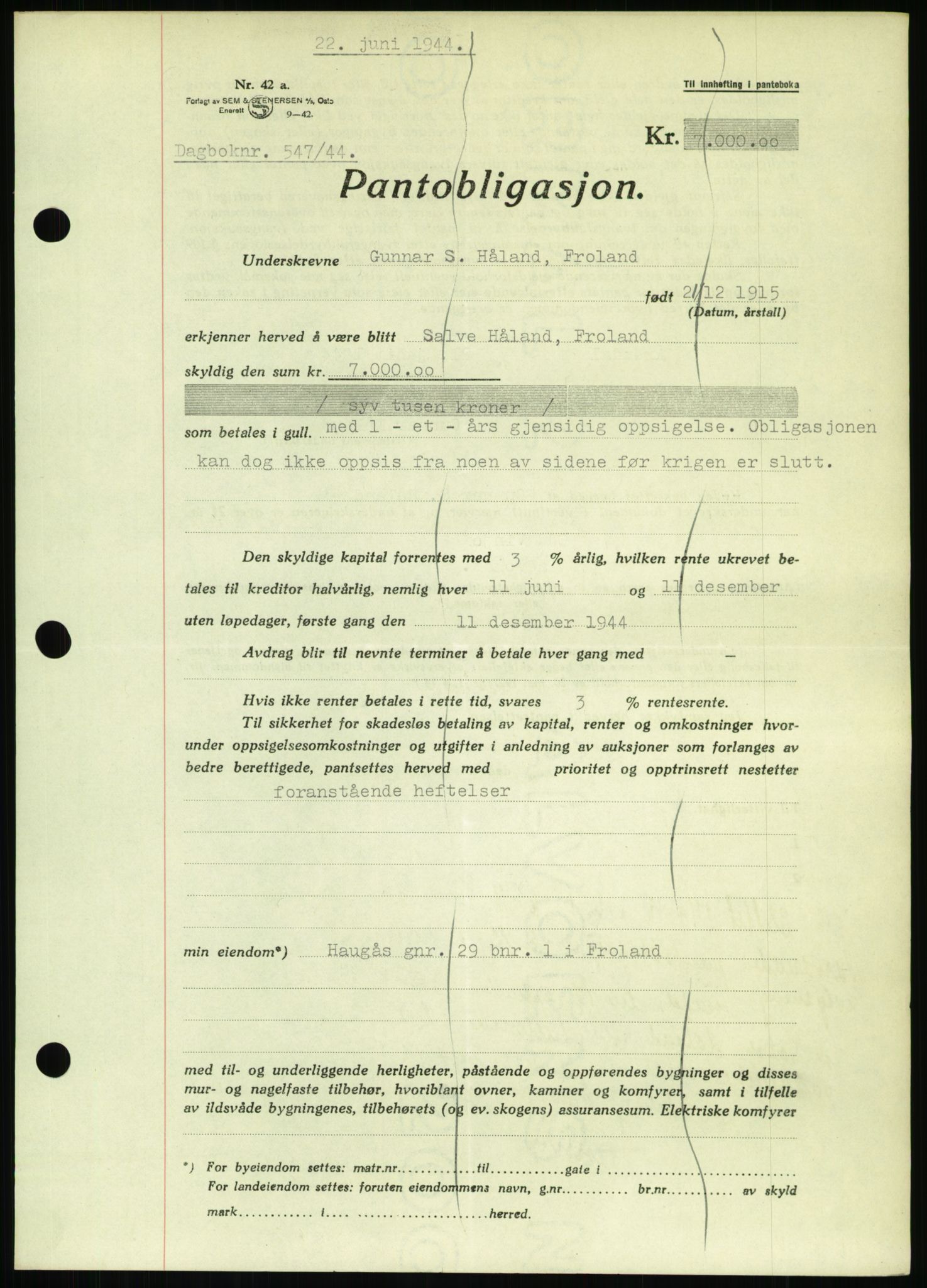 Nedenes sorenskriveri, AV/SAK-1221-0006/G/Gb/Gbb/L0002: Mortgage book no. II, 1942-1945, Diary no: : 547/1944