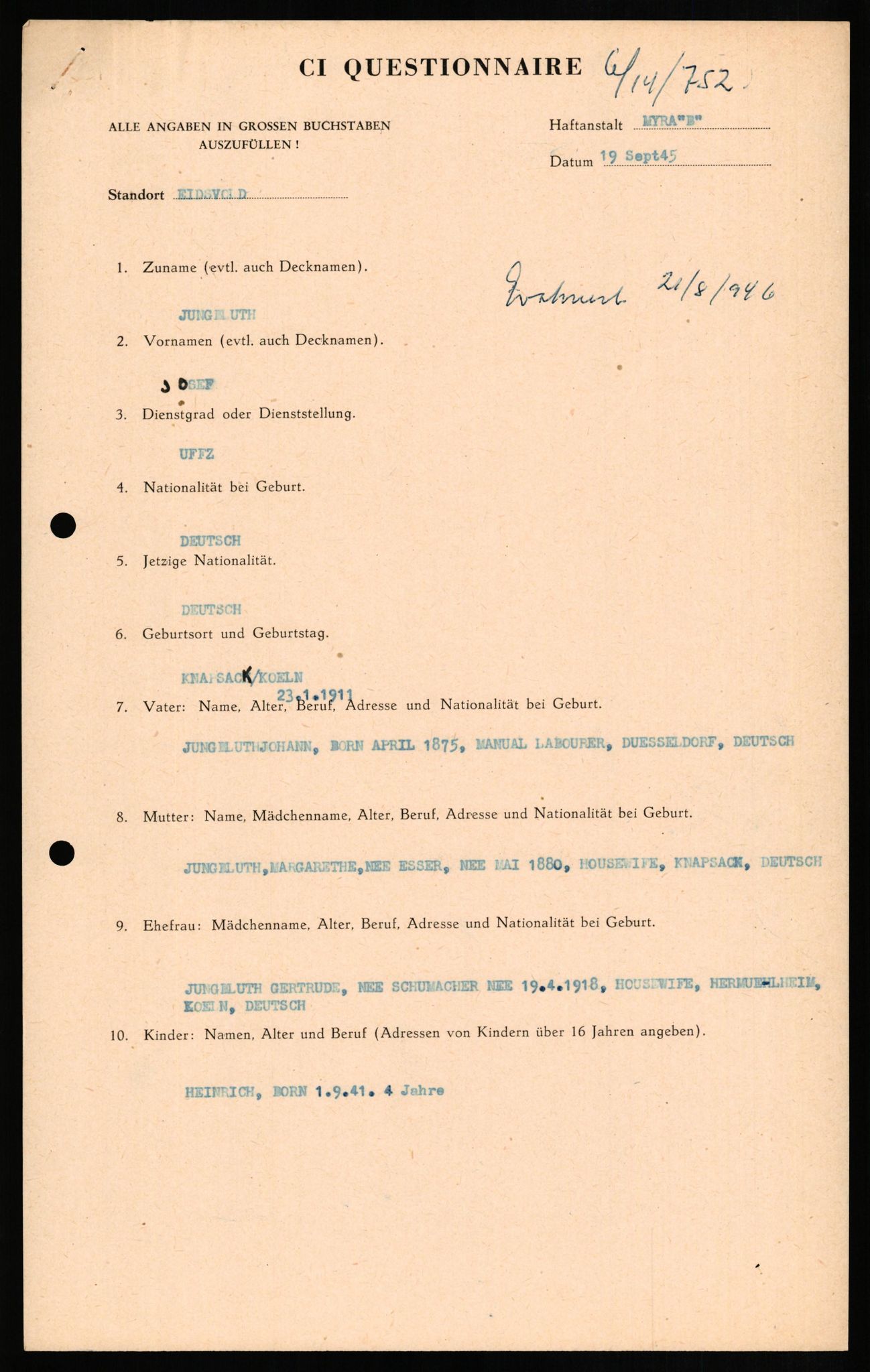 Forsvaret, Forsvarets overkommando II, AV/RA-RAFA-3915/D/Db/L0015: CI Questionaires. Tyske okkupasjonsstyrker i Norge. Tyskere., 1945-1946, p. 193