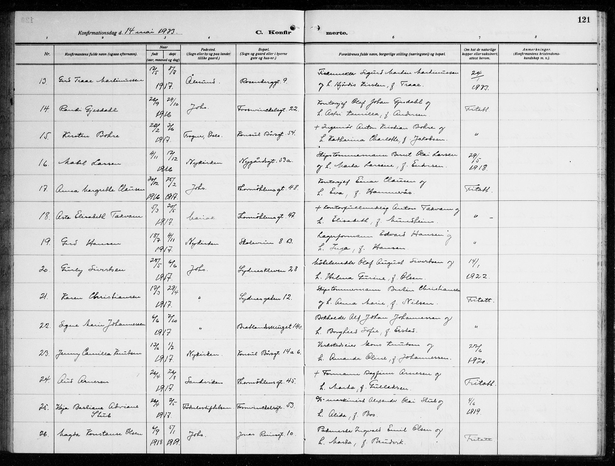 Johanneskirken sokneprestembete, AV/SAB-A-76001/H/Haa/L0010: Parish register (official) no. C 3, 1925-1935, p. 121