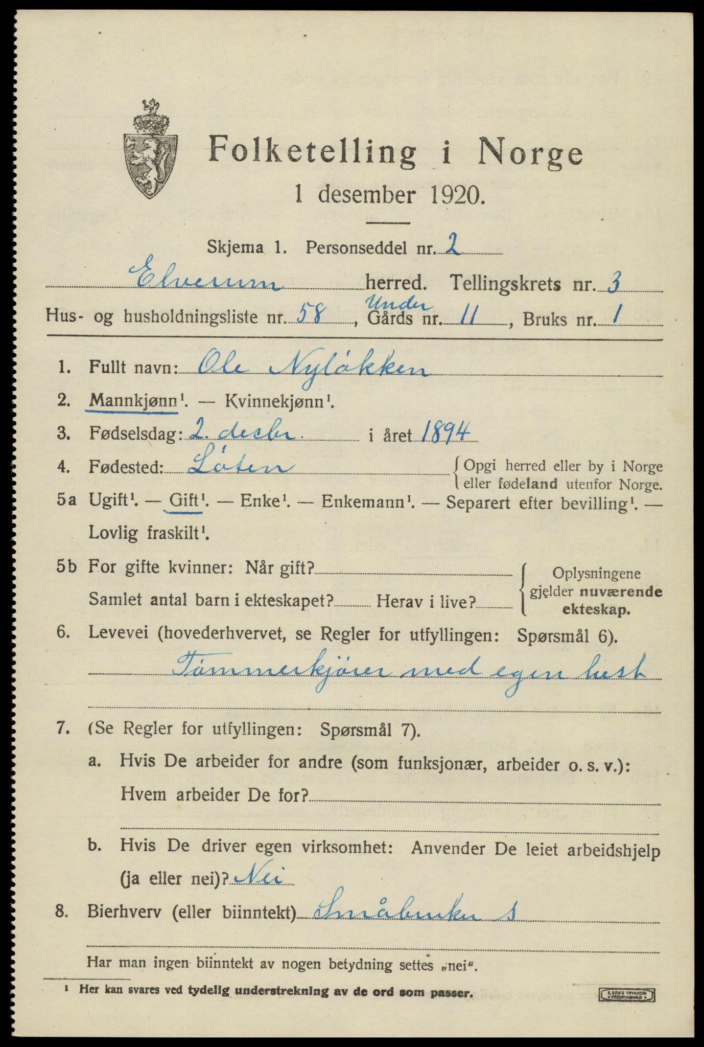 SAH, 1920 census for Elverum, 1920, p. 6638