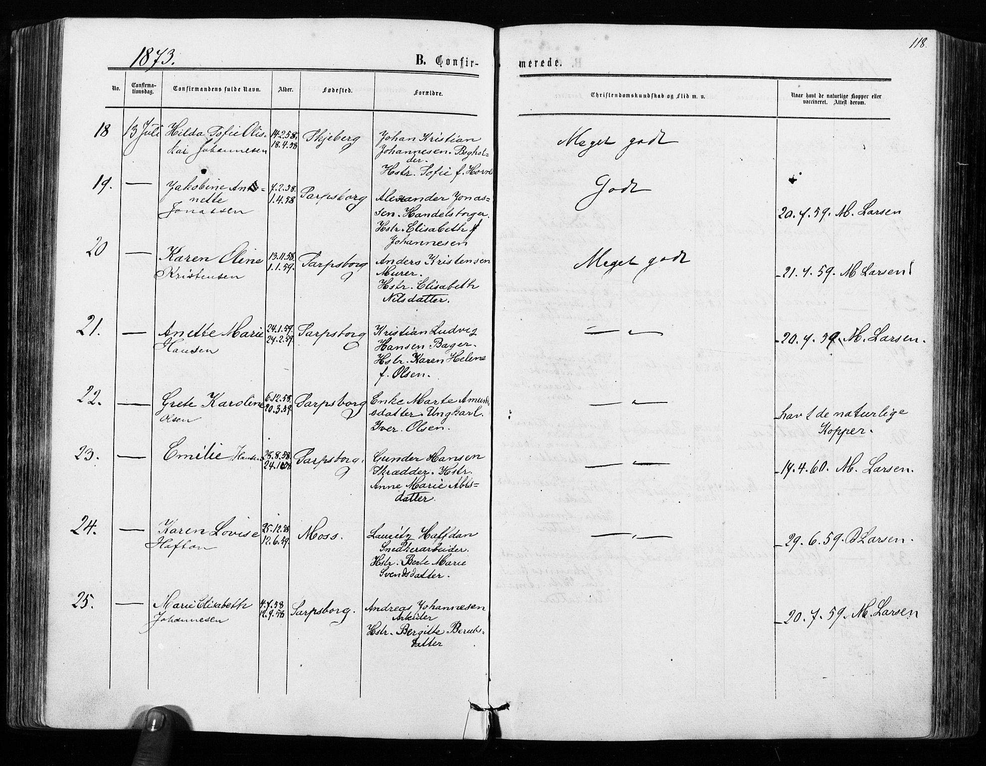 Sarpsborg prestekontor Kirkebøker, AV/SAO-A-2006/F/Fa/L0002: Parish register (official) no. 2, 1869-1877, p. 118