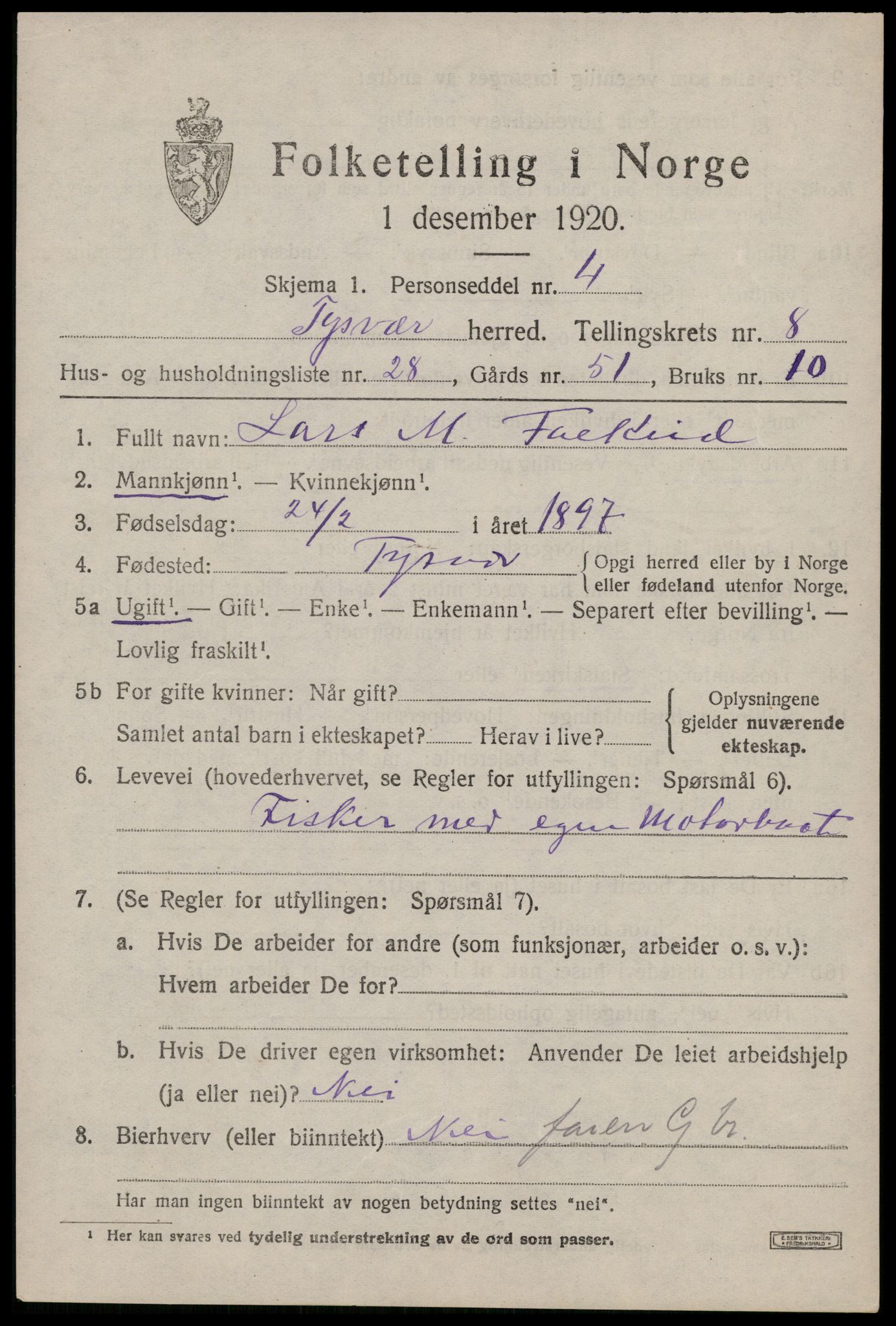 SAST, 1920 census for Tysvær, 1920, p. 3396