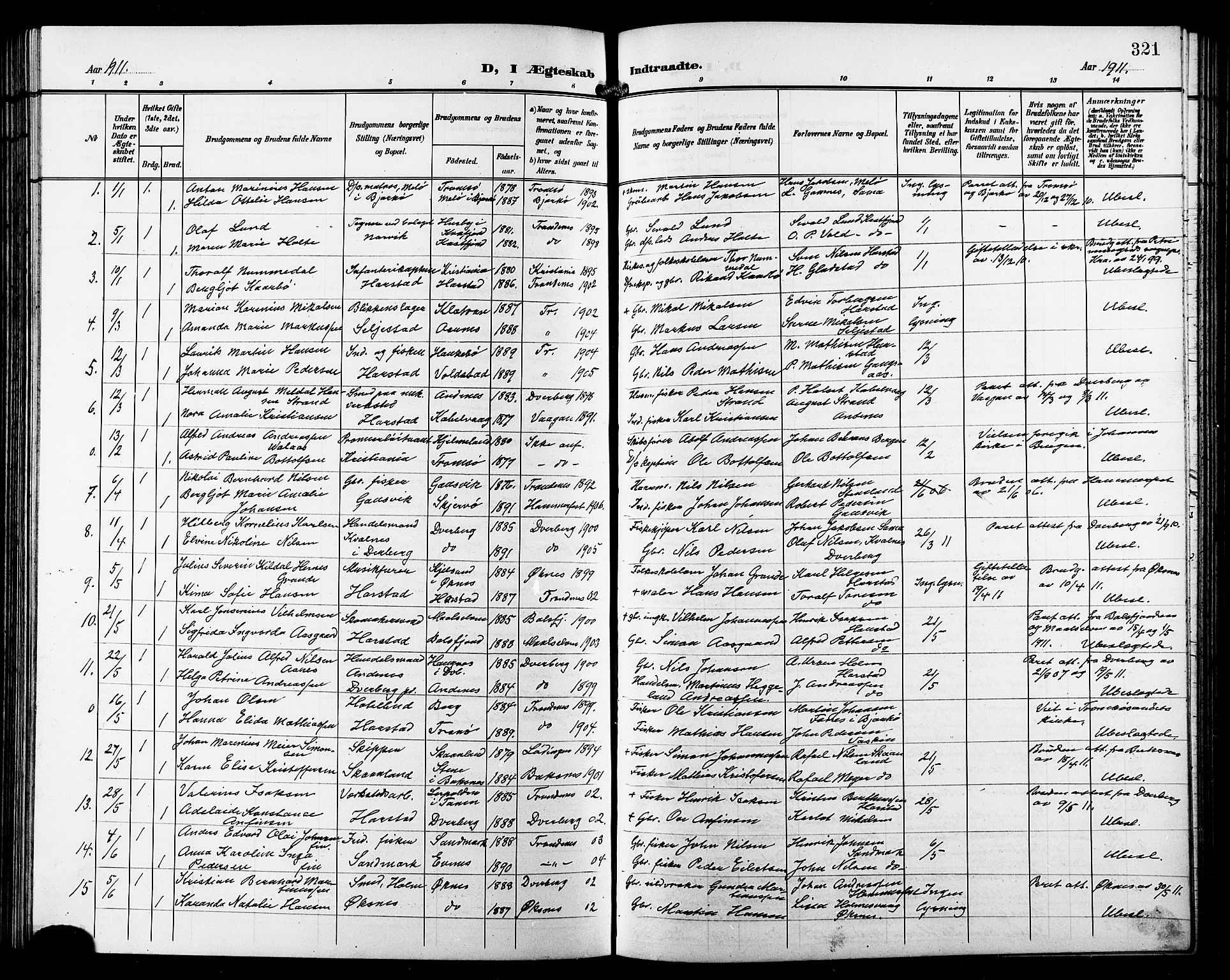 Trondenes sokneprestkontor, SATØ/S-1319/H/Hb/L0012klokker: Parish register (copy) no. 12, 1907-1916, p. 321