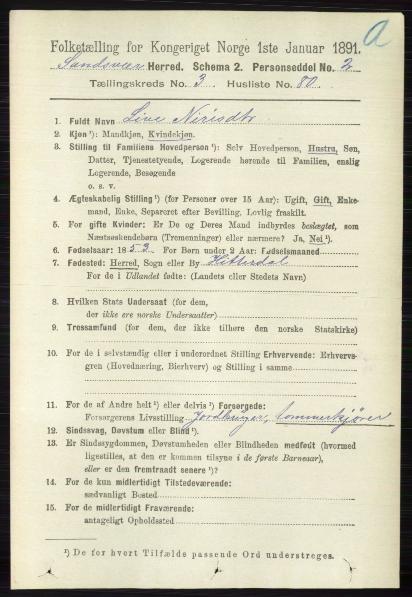 RA, 1891 census for 0629 Sandsvær, 1891, p. 1720