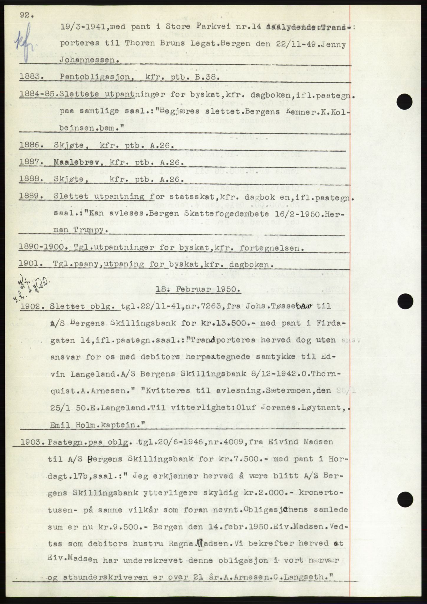 Byfogd og Byskriver i Bergen, AV/SAB-A-3401/03: Mortgage book no. C 38, 1949-1950, Diary no: : 1883/1950