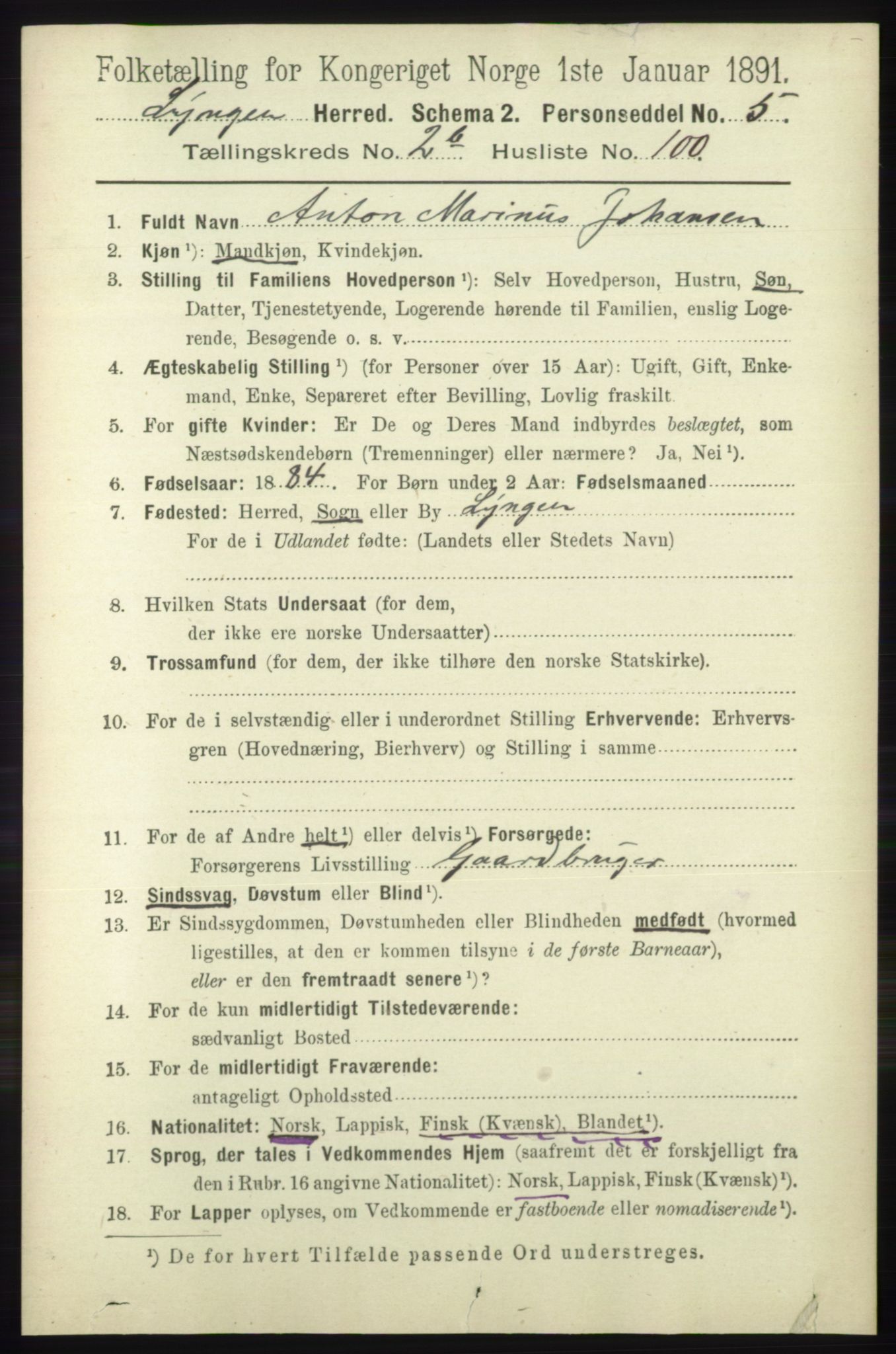 RA, 1891 census for 1938 Lyngen, 1891, p. 3062