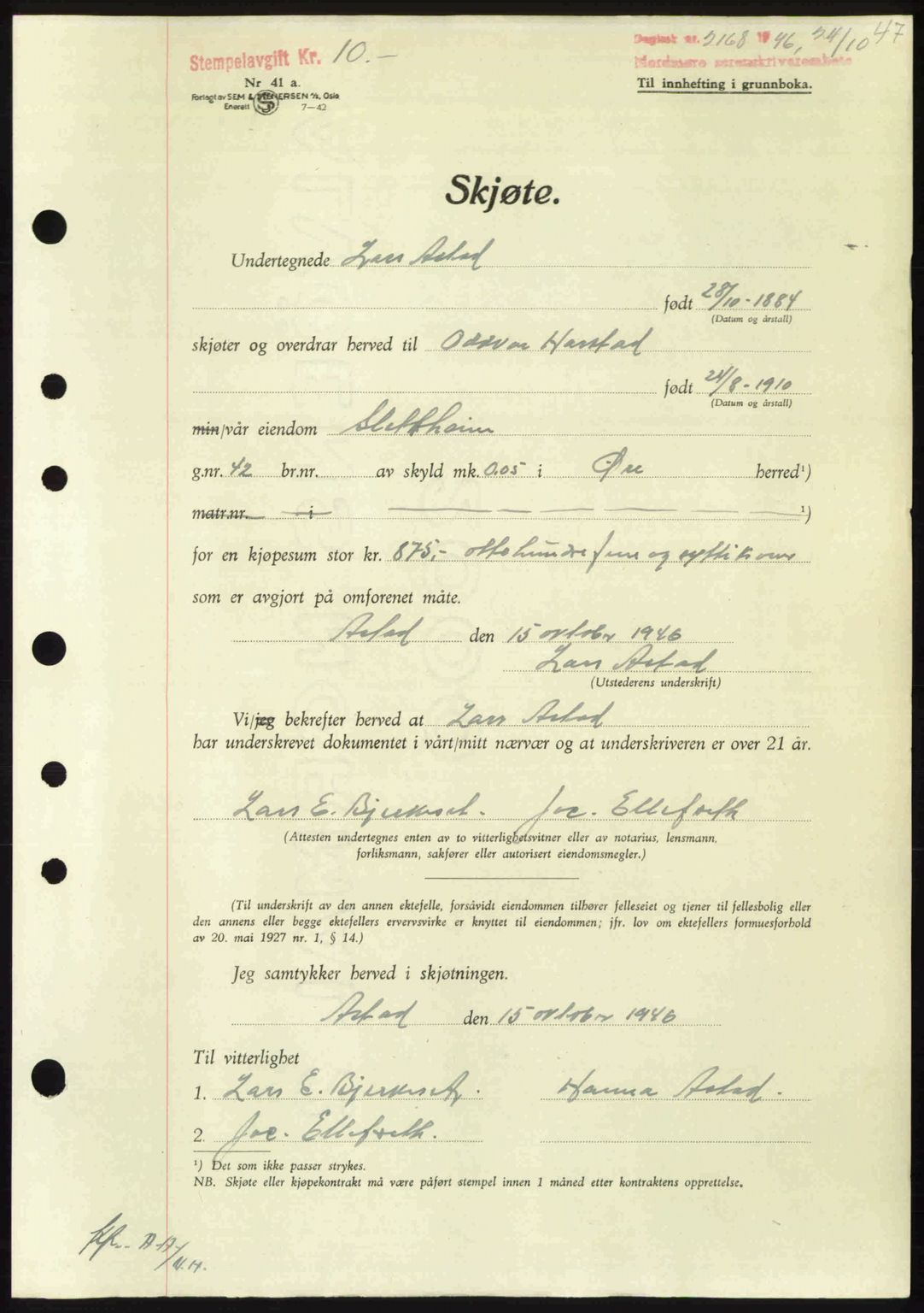 Nordmøre sorenskriveri, AV/SAT-A-4132/1/2/2Ca: Mortgage book no. A103, 1946-1947, Diary no: : 2168/1946