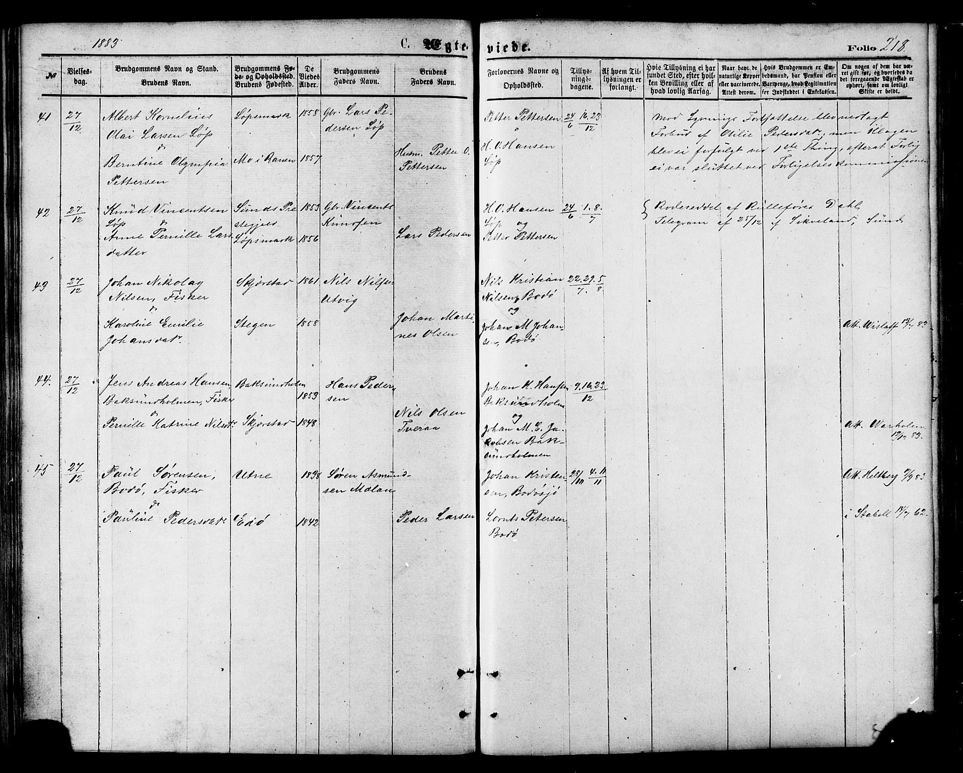 Ministerialprotokoller, klokkerbøker og fødselsregistre - Nordland, SAT/A-1459/801/L0009: Parish register (official) no. 801A09, 1876-1883, p. 218