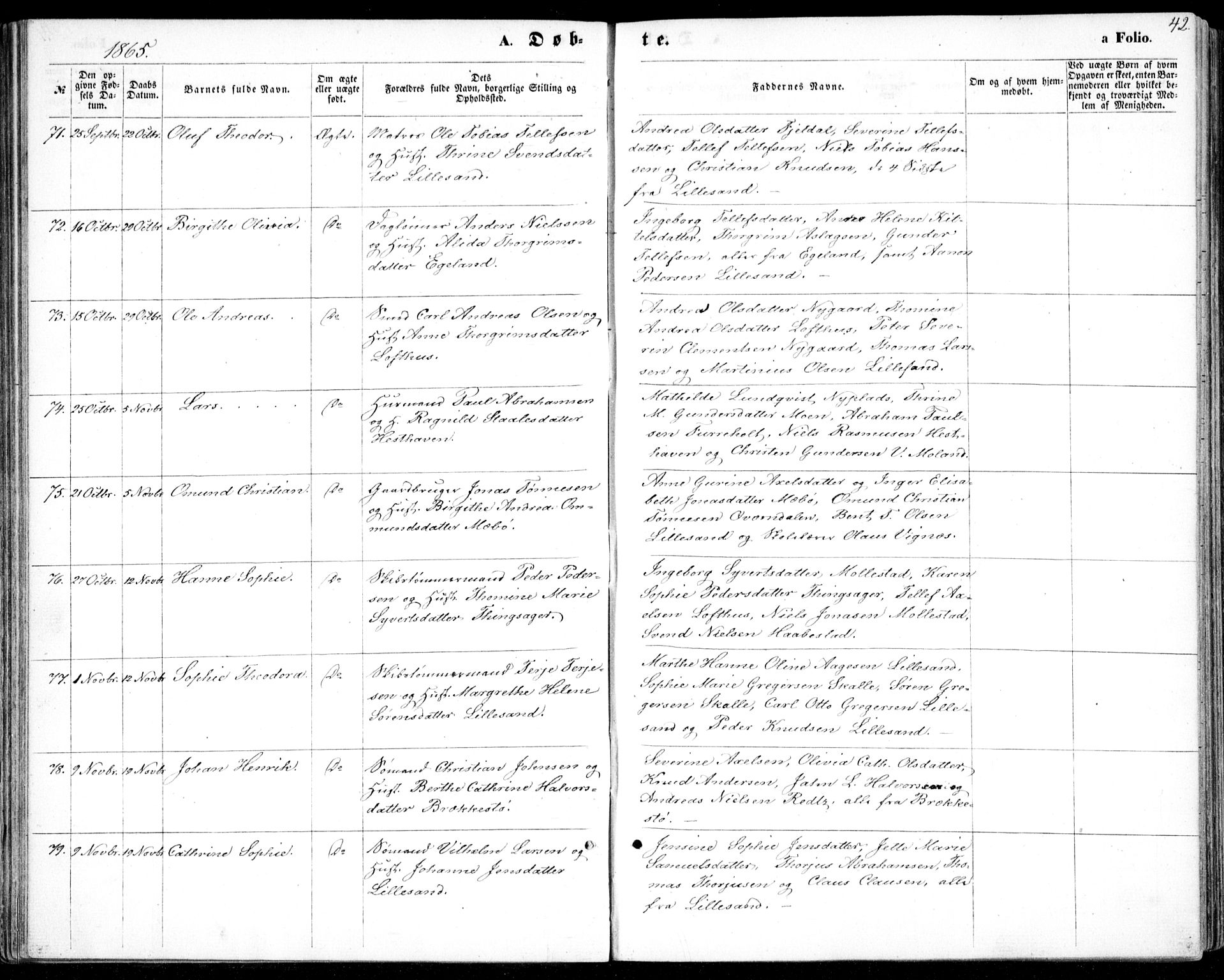 Vestre Moland sokneprestkontor, AV/SAK-1111-0046/F/Fb/Fbb/L0004: Parish register (copy) no. B 4, 1861-1872, p. 42