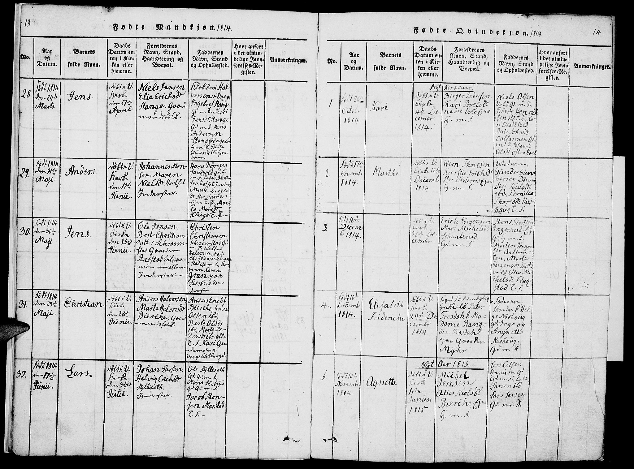 Vang prestekontor, Hedmark, AV/SAH-PREST-008/H/Ha/Haa/L0007: Parish register (official) no. 7, 1813-1826, p. 13-14