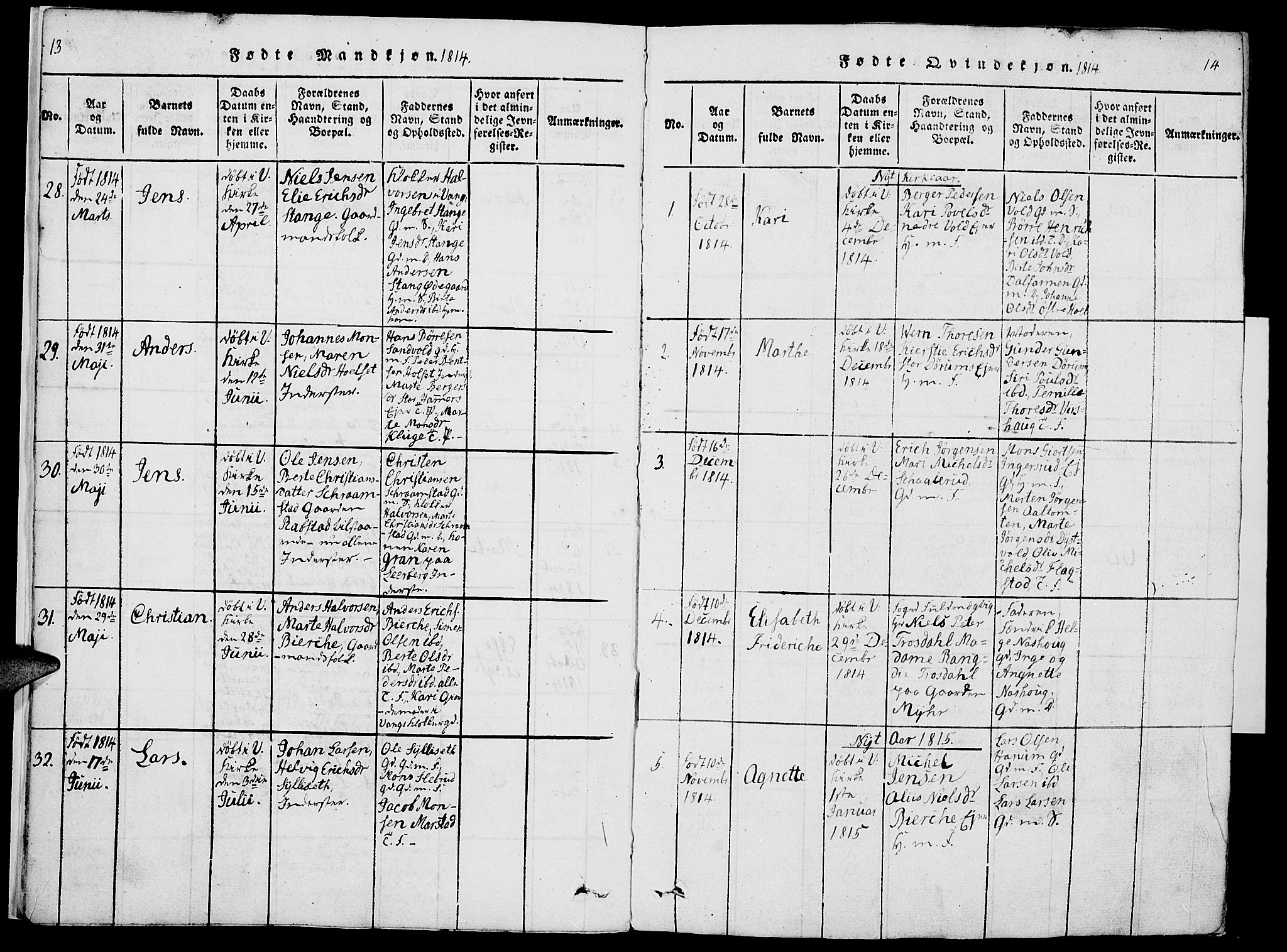 Vang prestekontor, Hedmark, SAH/PREST-008/H/Ha/Haa/L0007: Parish register (official) no. 7, 1813-1826, p. 13-14