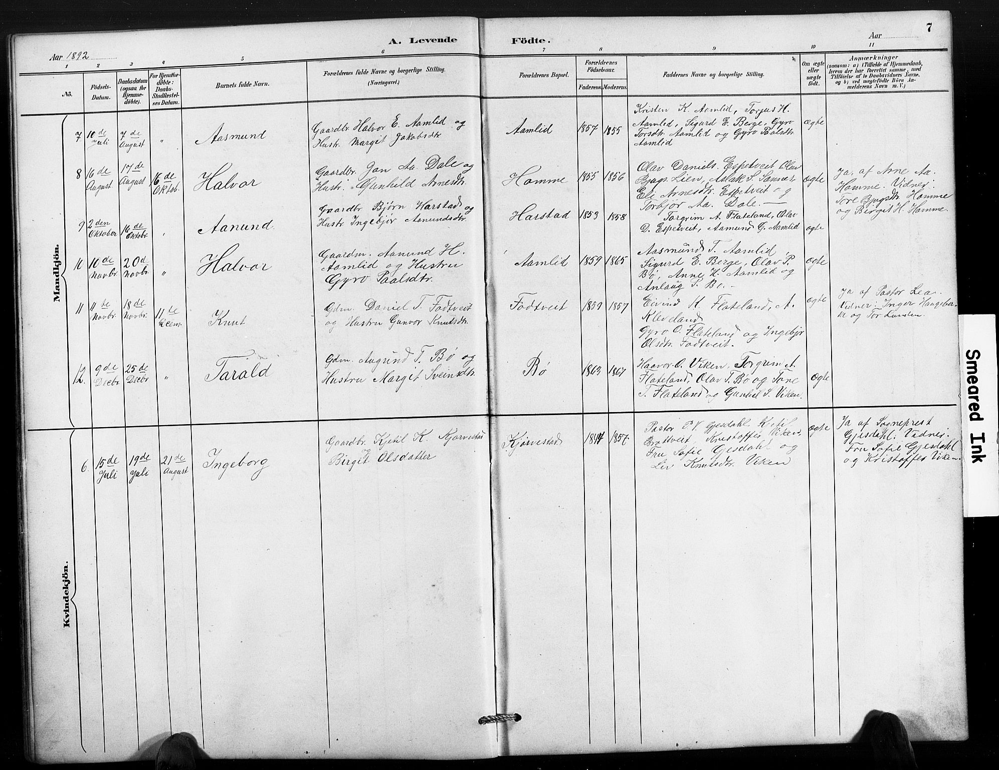 Valle sokneprestkontor, SAK/1111-0044/F/Fb/Fbc/L0004: Parish register (copy) no. B 4, 1890-1928, p. 7