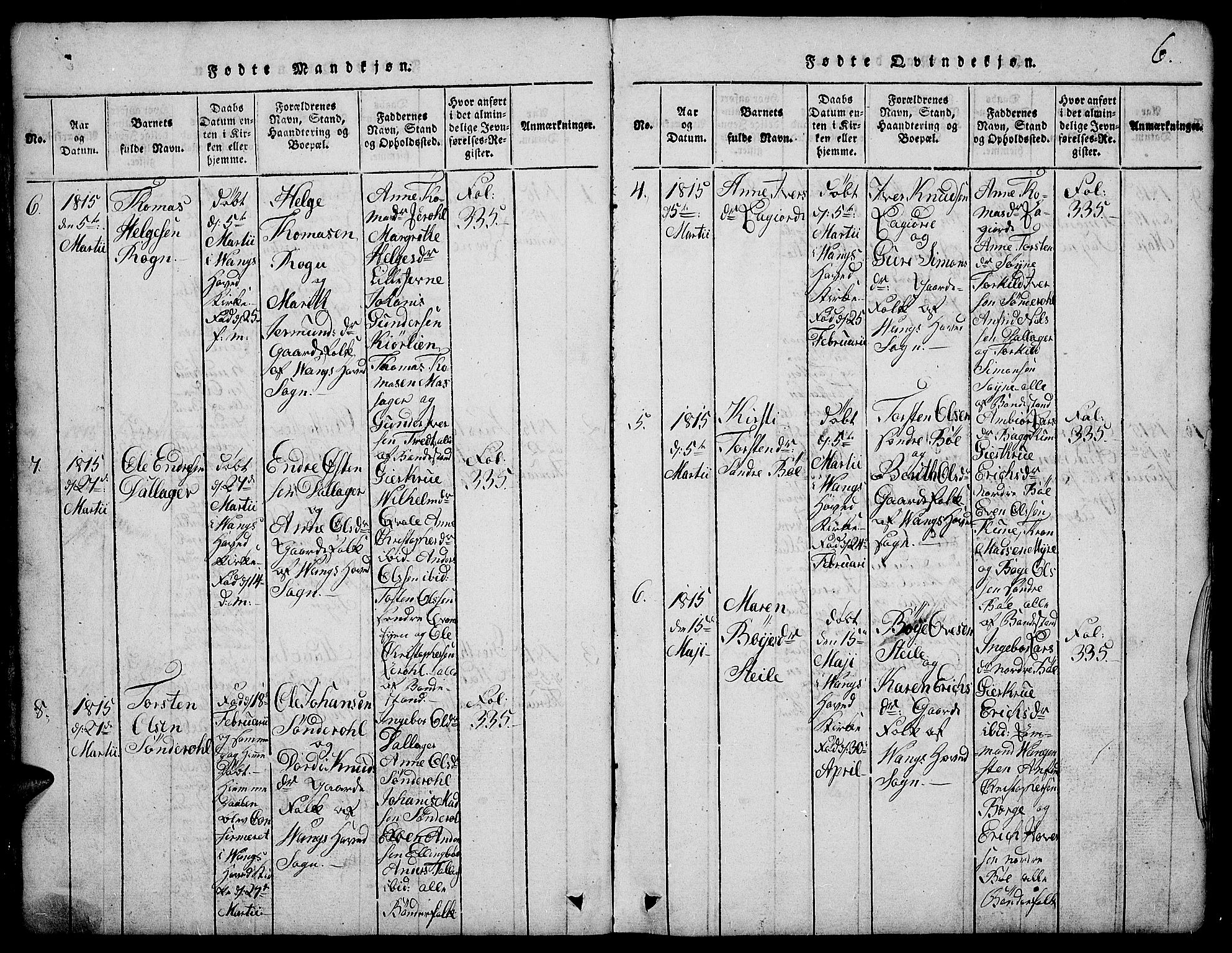 Vang prestekontor, Valdres, SAH/PREST-140/H/Hb/L0002: Parish register (copy) no. 2, 1814-1889, p. 6