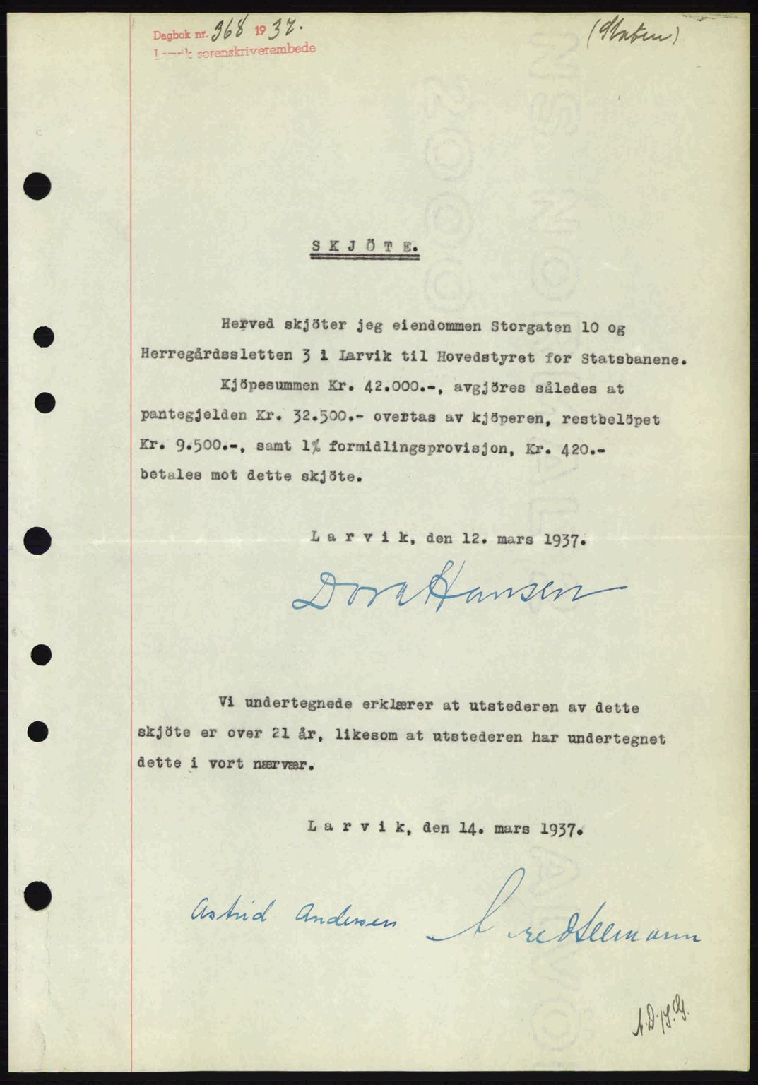 Larvik sorenskriveri, SAKO/A-83/G/Ga/Gab/L0067: Mortgage book no. A-1, 1936-1937, Diary no: : 368/1937