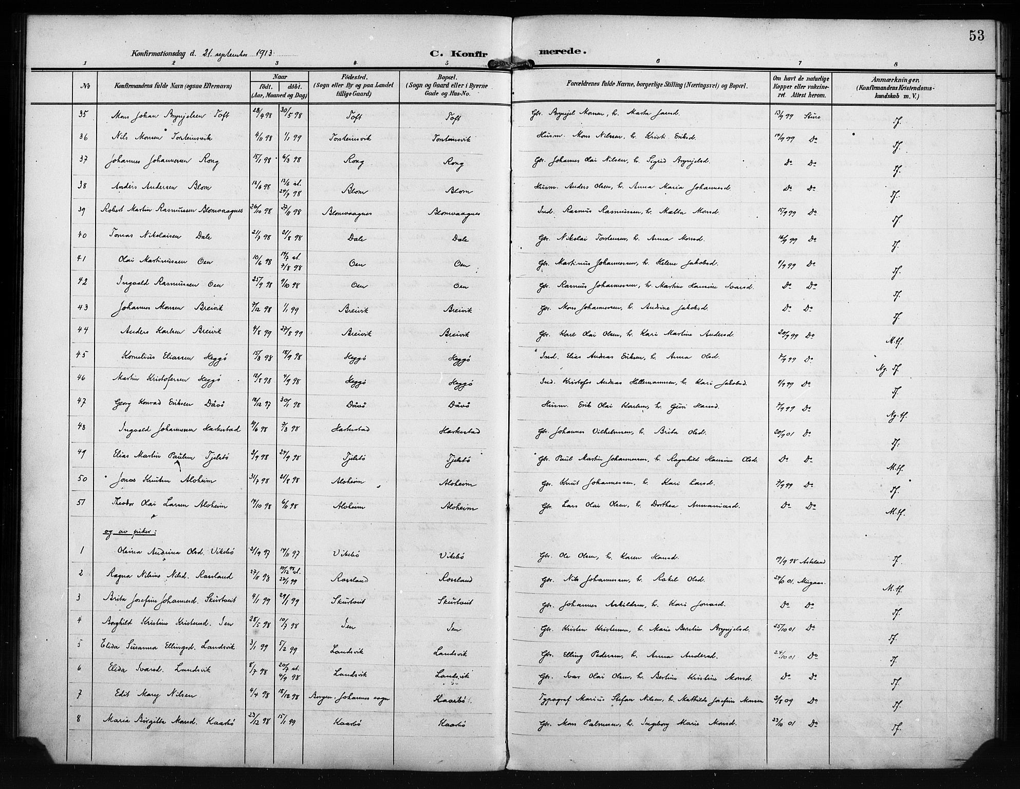 Herdla Sokneprestembete, SAB/A-75701/H/Hab: Parish register (copy) no. A 4, 1902-1923, p. 53