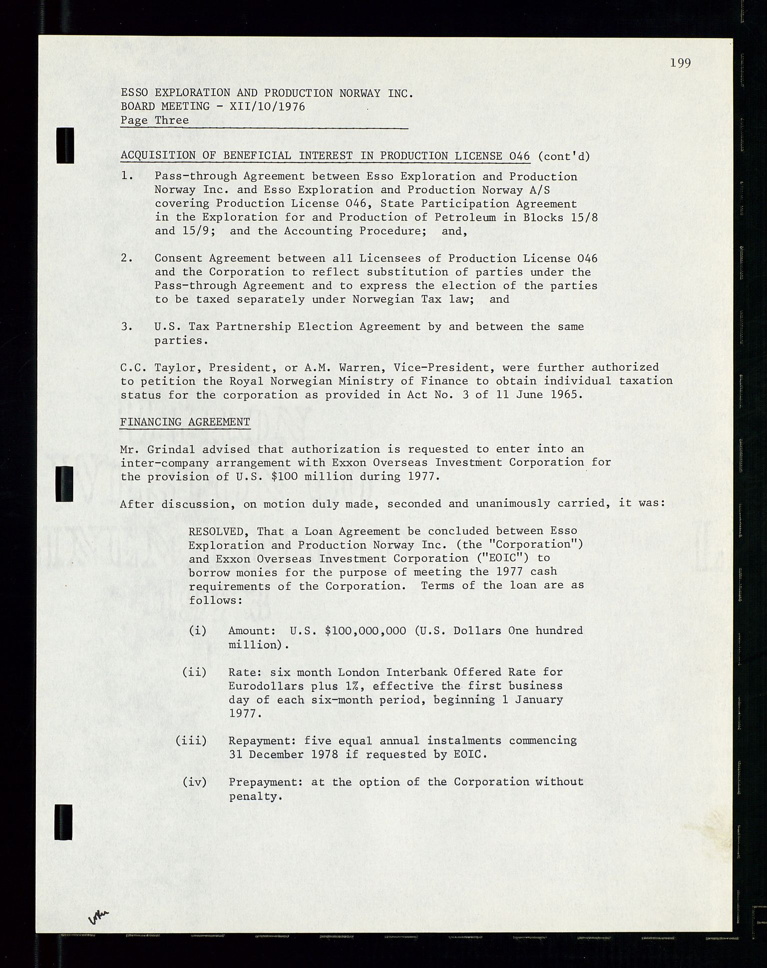 Pa 1512 - Esso Exploration and Production Norway Inc., AV/SAST-A-101917/A/Aa/L0001/0002: Styredokumenter / Corporate records, Board meeting minutes, Agreements, Stocholder meetings, 1975-1979, p. 50