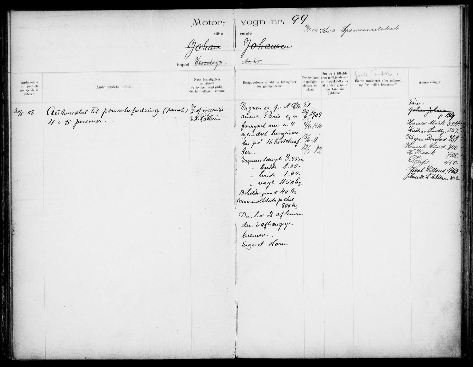 Vegdirektoratet, Bilavdelingen M, AV/RA-S-1663/F/Fa/L0001: Bilregisterprotokoll. Reg.nr. 1-199 og 300-310, 1899-1914