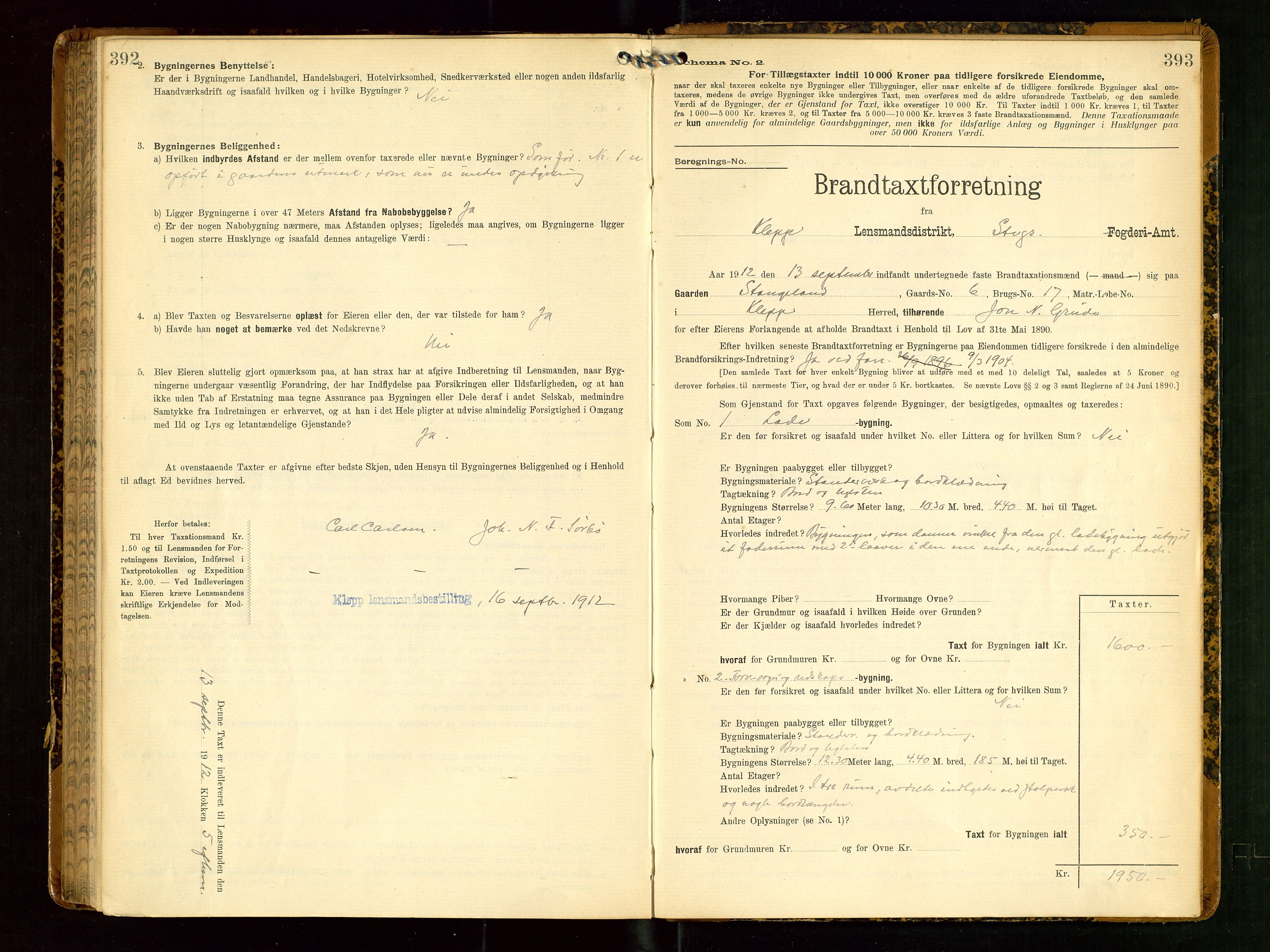 Klepp lensmannskontor, AV/SAST-A-100163/Goc/L0006: "Brandtaxationsprotokol" m/register, 1908-1912, p. 392-393