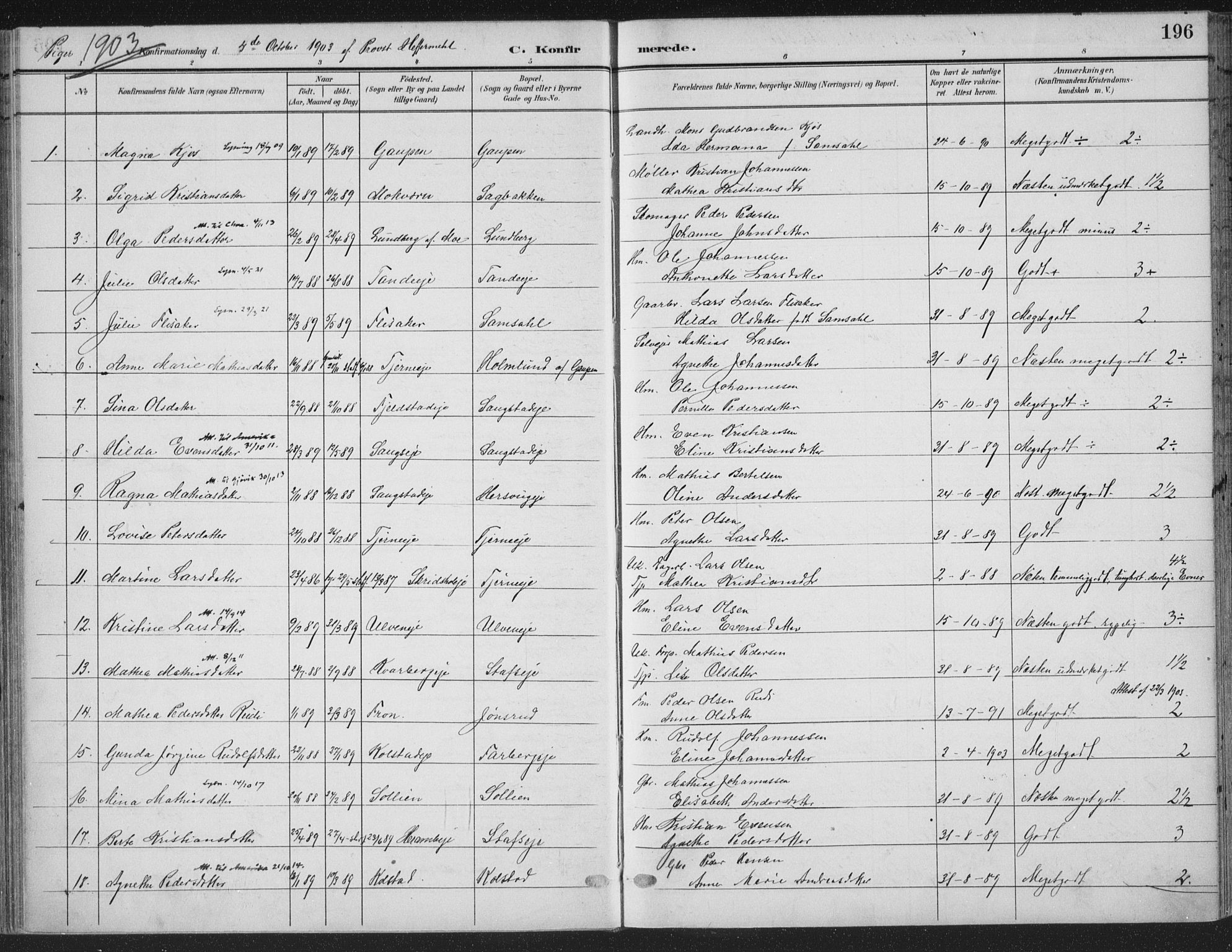 Ringsaker prestekontor, SAH/PREST-014/K/Ka/L0018: Parish register (official) no. 18, 1903-1912, p. 196