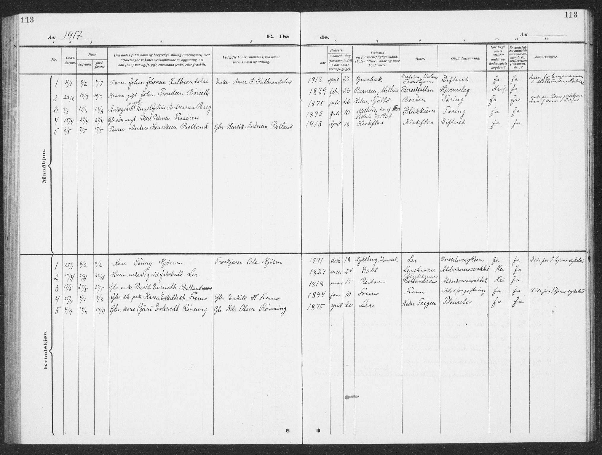 Ministerialprotokoller, klokkerbøker og fødselsregistre - Sør-Trøndelag, SAT/A-1456/693/L1124: Parish register (copy) no. 693C05, 1911-1941, p. 113