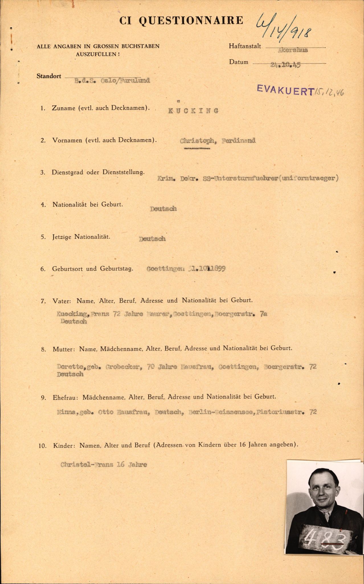 Forsvaret, Forsvarets overkommando II, AV/RA-RAFA-3915/D/Db/L0019: CI Questionaires. Tyske okkupasjonsstyrker i Norge. Tyskere., 1945-1946, p. 3