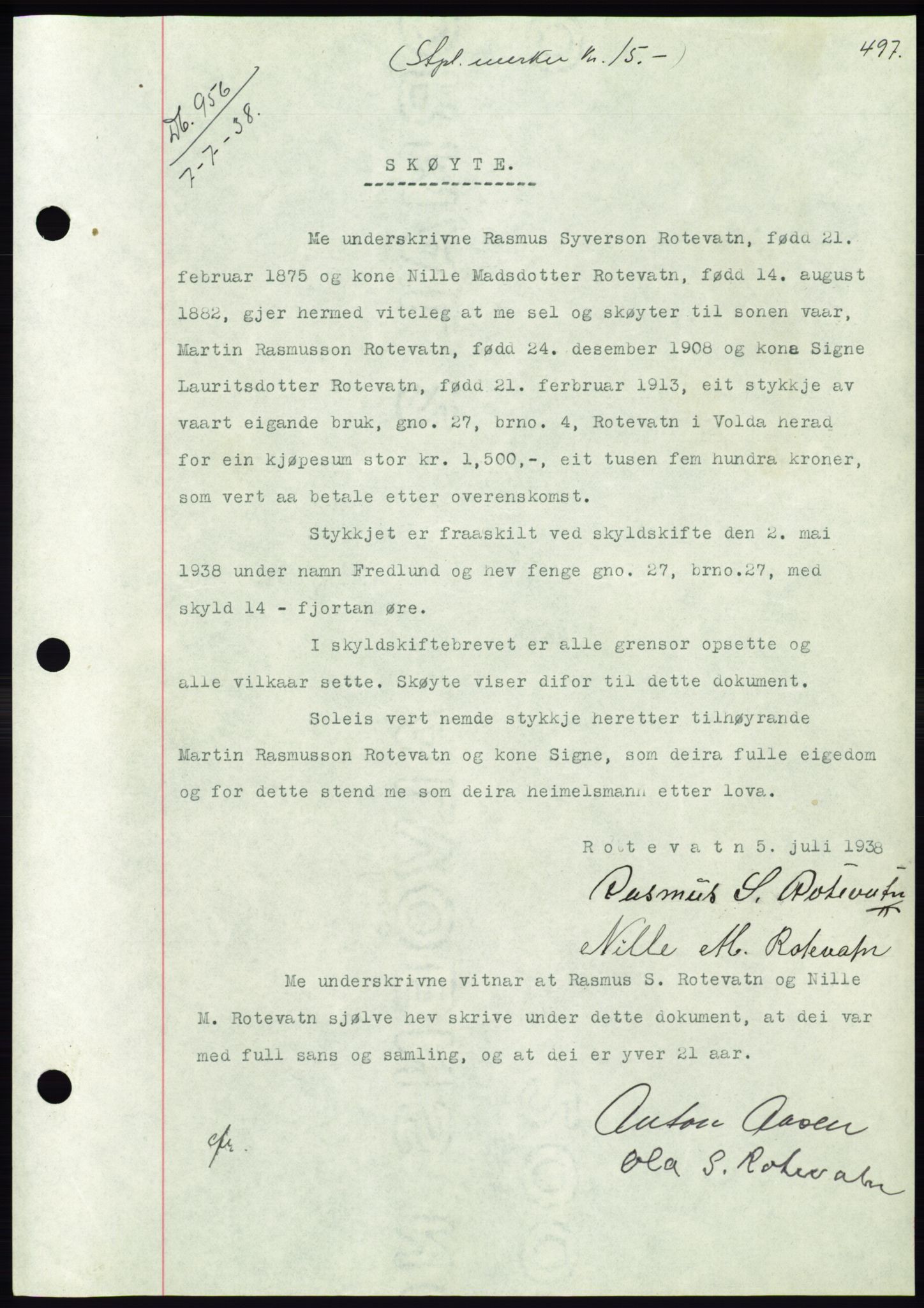 Søre Sunnmøre sorenskriveri, AV/SAT-A-4122/1/2/2C/L0065: Mortgage book no. 59, 1938-1938, Diary no: : 956/1938